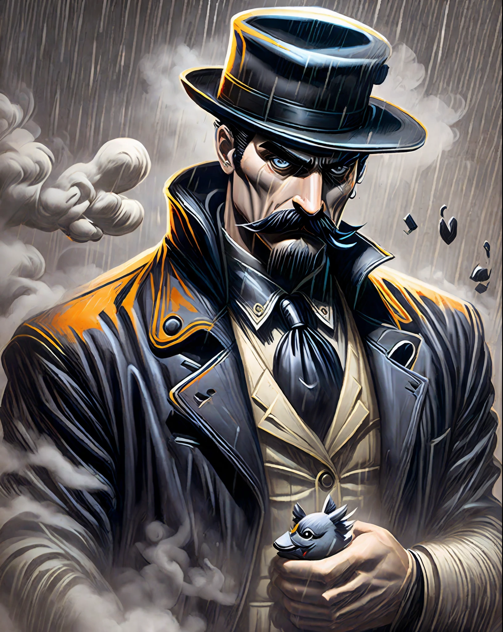 noir detective mr. Rubber Duck. Smoke, rain, moustache and bravery. He can solve any puzzle. But can't beat his inner demons. Expressive dark matte gouche painting. --auto --s2