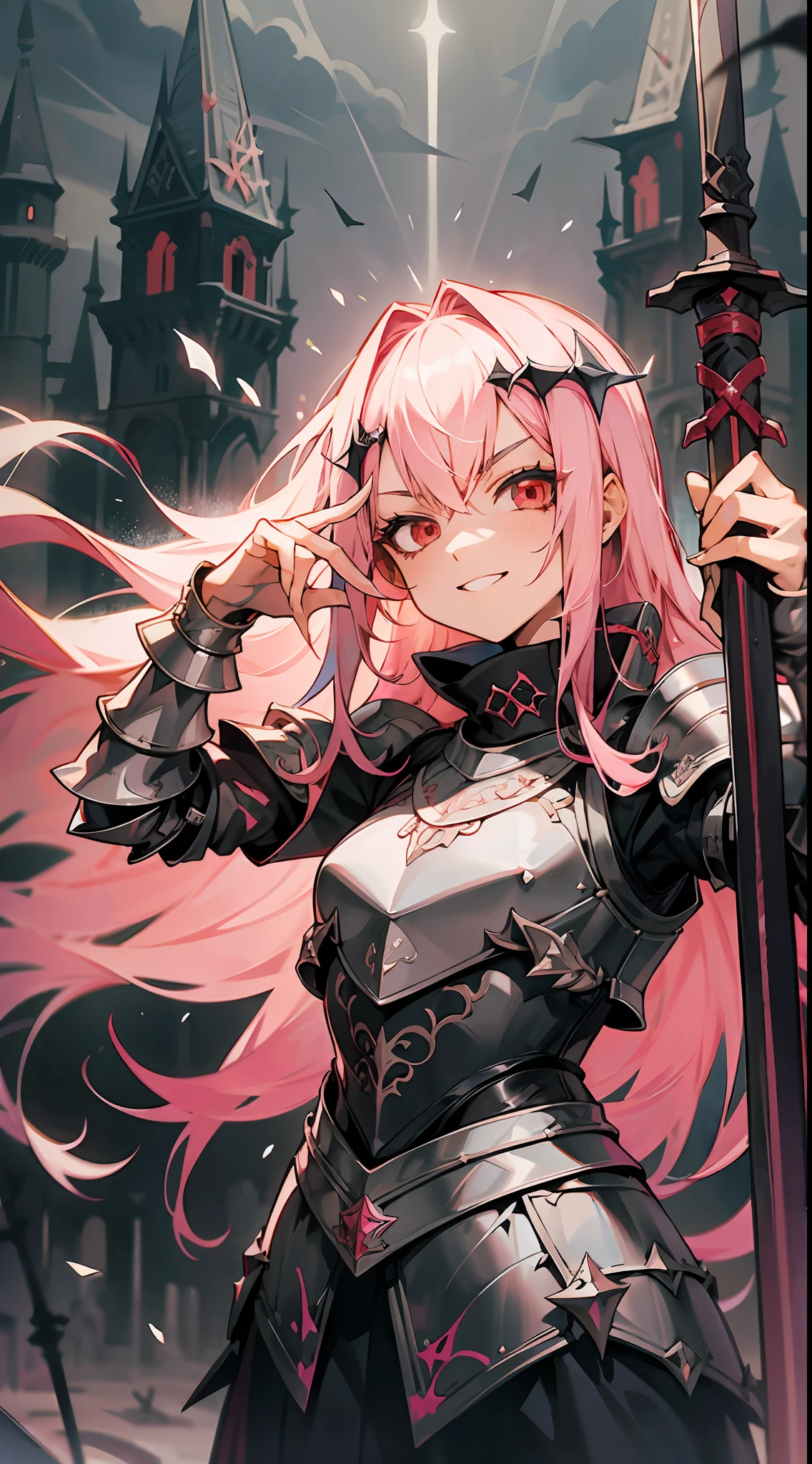 1girl, solo, pink hair, red eyes, black armor, knight, evil smile, gothic castle in the background, dark sky, thunderstorm, sword, pose, uniform, SS symbol on armor, tall, imposing,, SS symbol