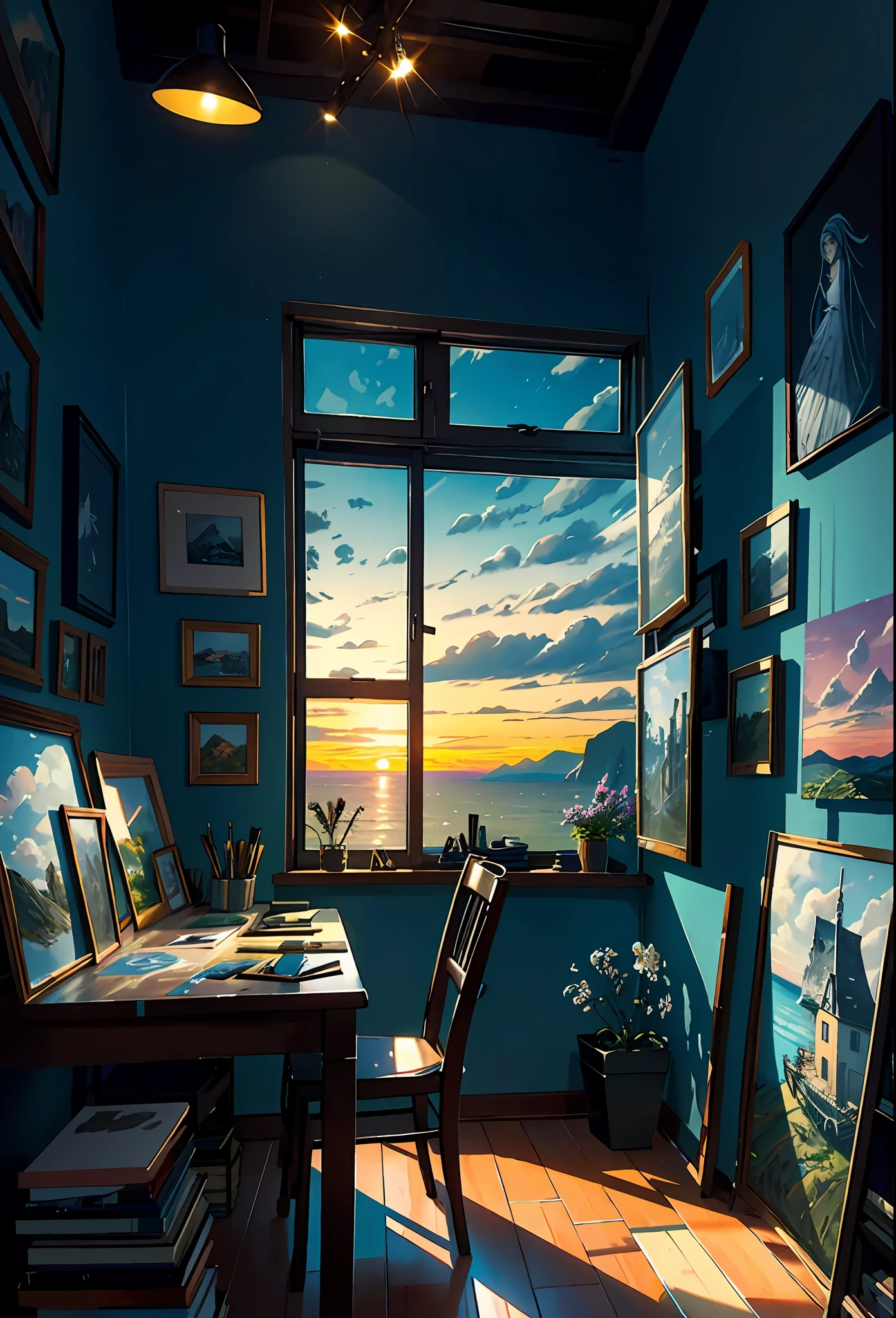 Cozy artist's studio, paintings, art, awards, table, many books on the walls, paintings on the walls, view from the window, sea, mountains, amazing sunset, flower arrangements, paints, brushes, artist's theme, elegant, dynamic lighting, happiness, full-color, multicolored, artificial, highest detail, super quality, small details, highlights, neon lights, masterpiece, best colors