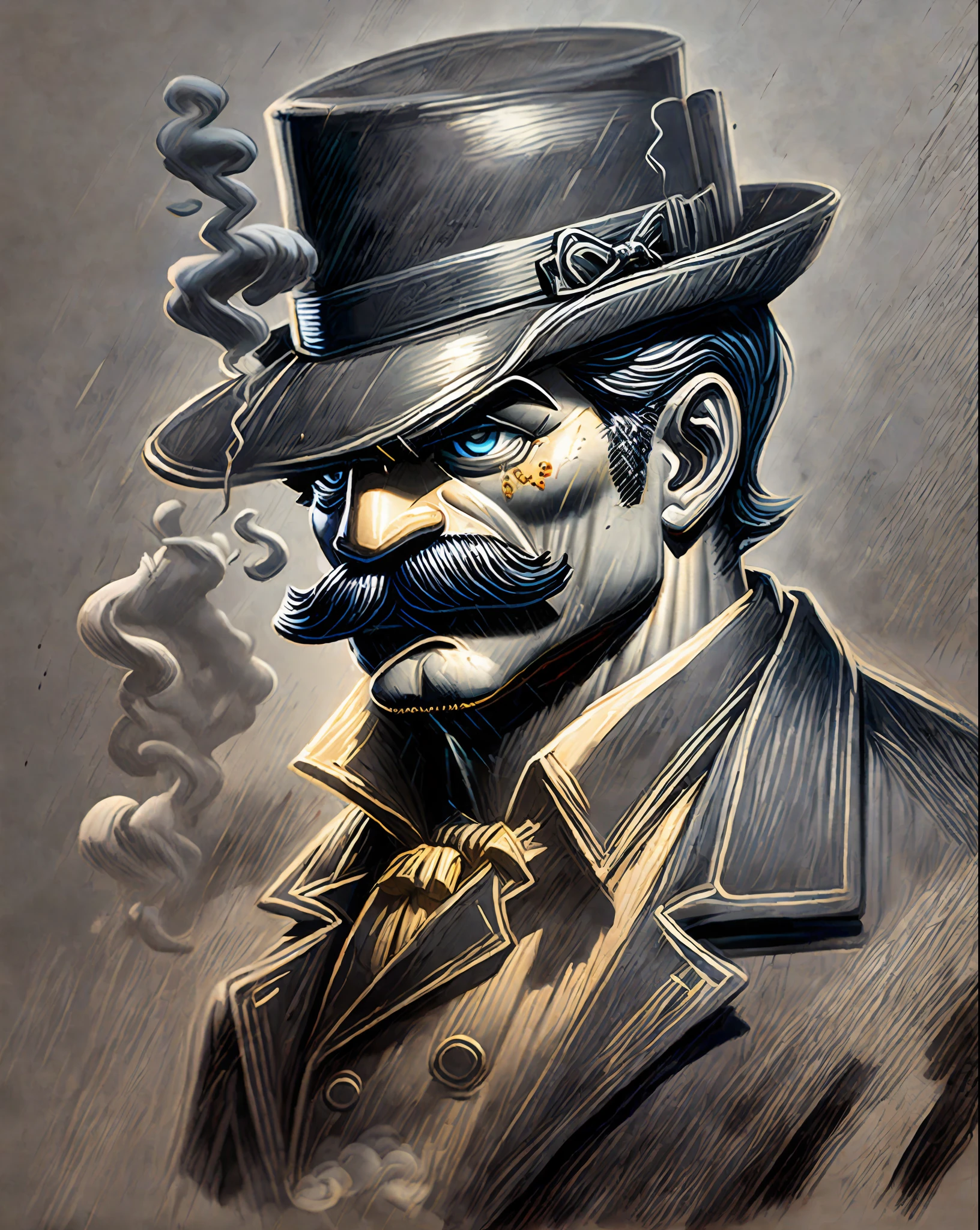 ???? detective mr. Rubber Duck. Smoke, rain, moustache and bravery. He can solve any puzzle. But can't beat his inner demons. Expressive dark matte gouche painting. --auto --s2