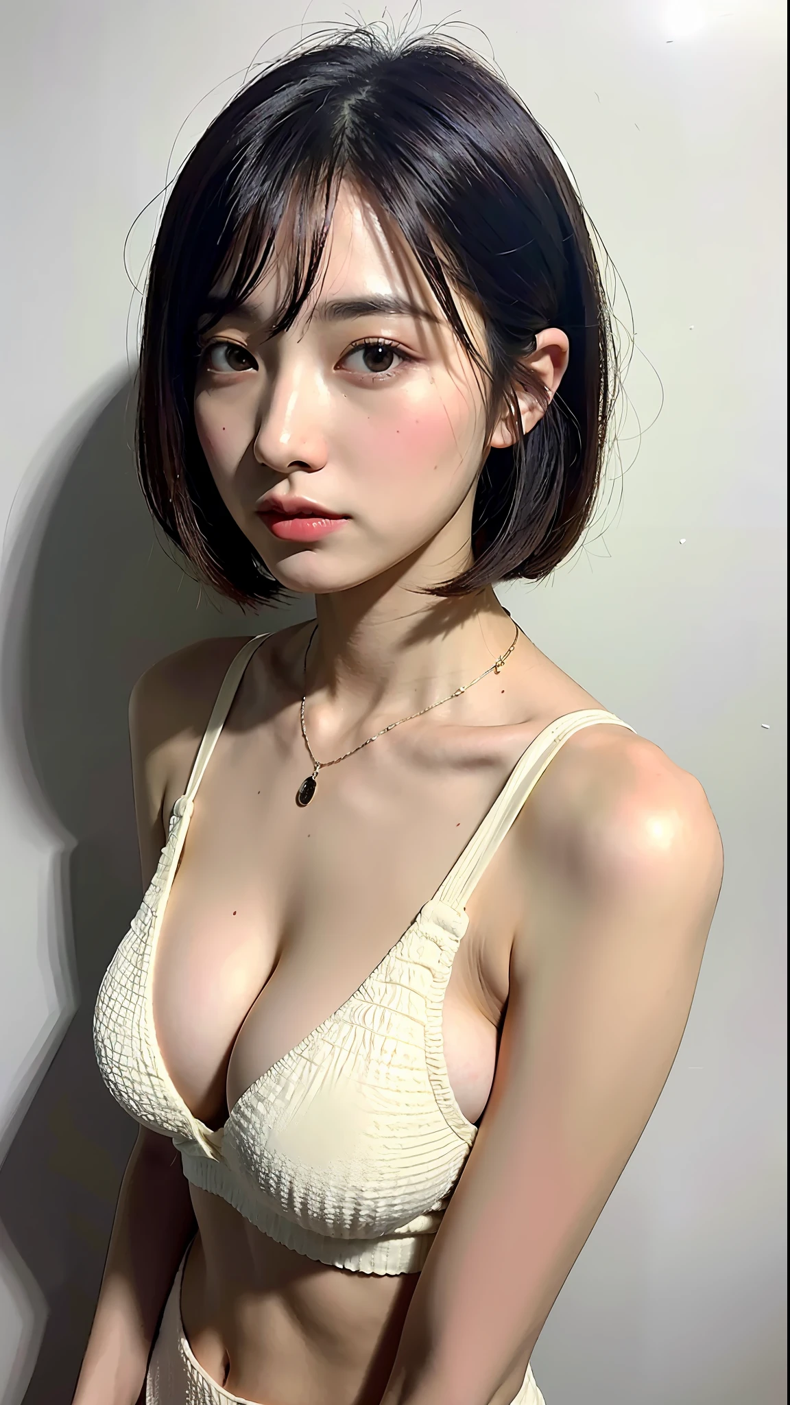 (Best Quality, 8k, 32k, Masterpiece, UHD: 1.2), Cute Japan Woman Pictures, Big, Very Short Bob Hair, Upper Body, Face Focus, Underwear, Necklace, Simple Background, From Above, Watch the Viewer, Show Cleavage, Undress