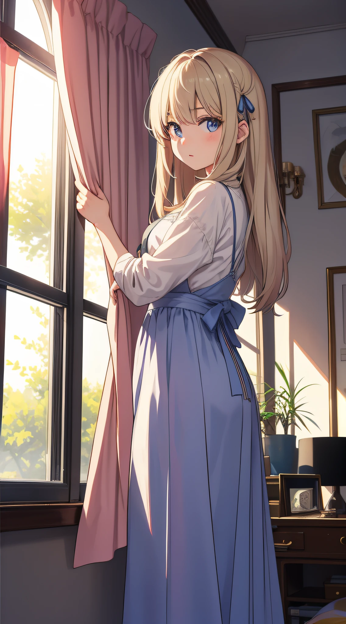 You're a girl pulling curtains in your living room