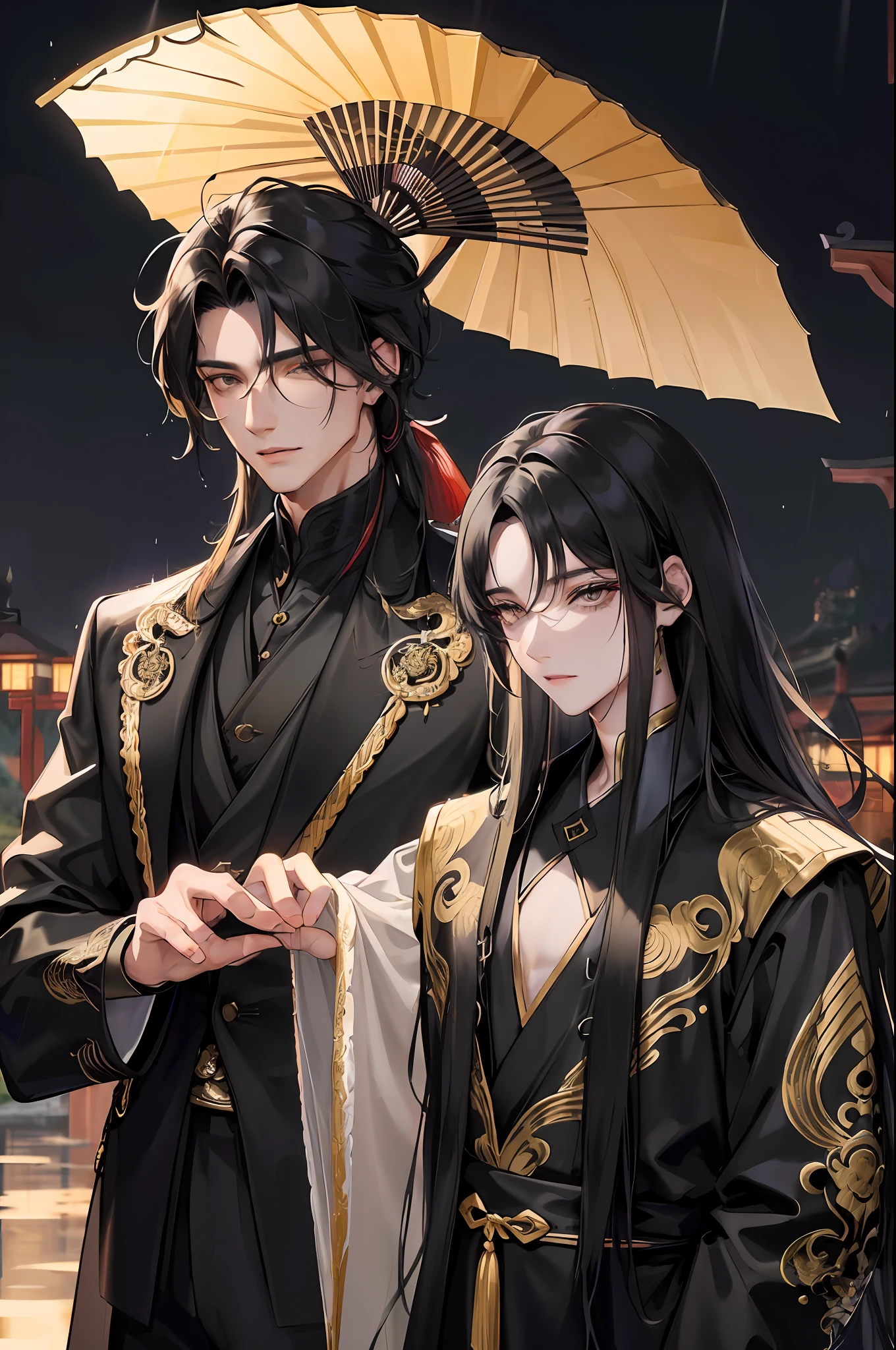 Masterpiece: superb outdoor night, full moon lakeside branch 1, male mature male style, ancient Chinese black hair, black eyes, split ends, long hair, long bangs, handsome, masculine, gentle, tall, calm, black and gold mixed dragon pattern prince, folding fan, rainy days, exquisite facial features, front of the facial features