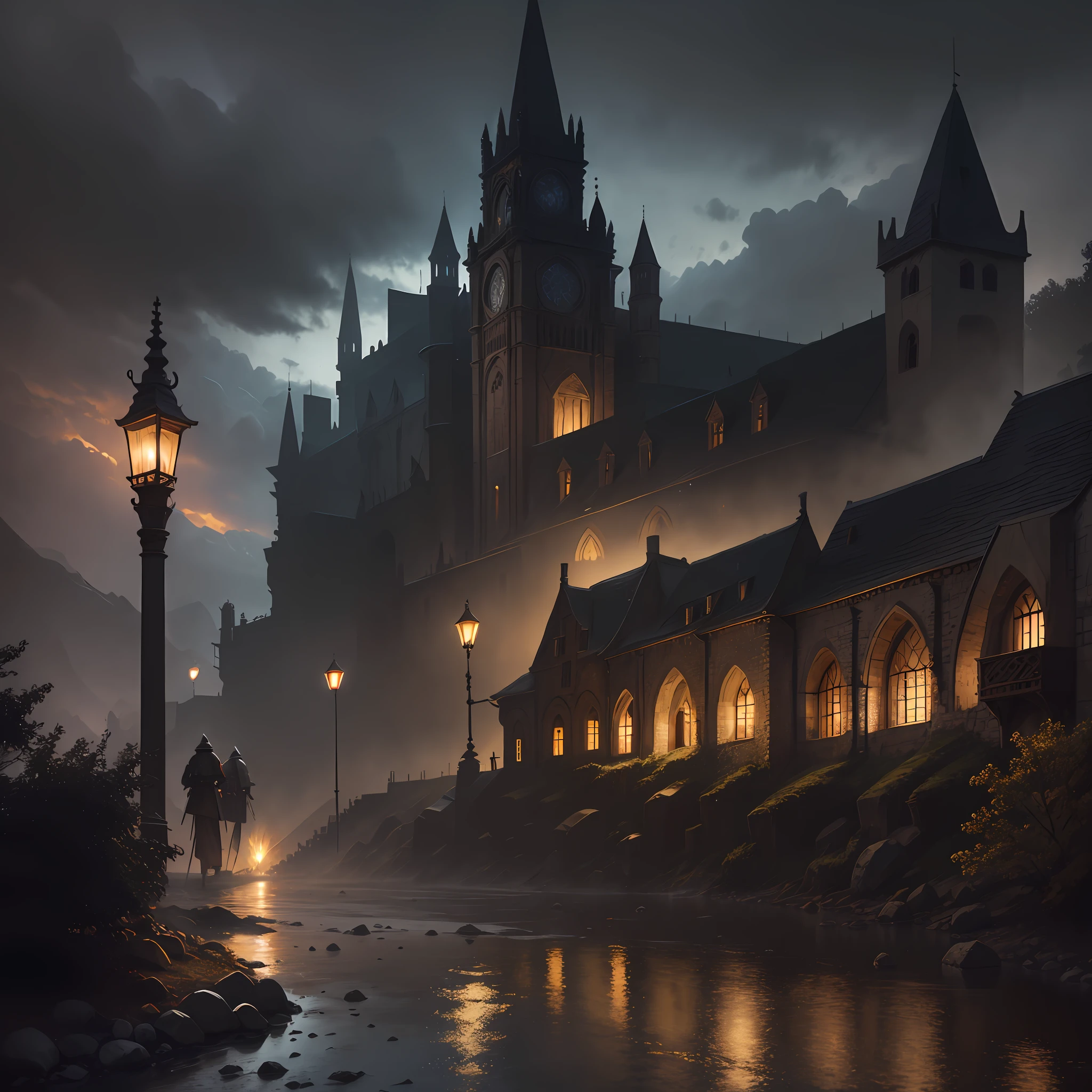 medieval city, dark, battle, epic, war, surrealism, 8k, super detail, war, battle, darkness, rain, night, fight, torches, war, conflict, medieval city, landscape, streets, roads, house, markets