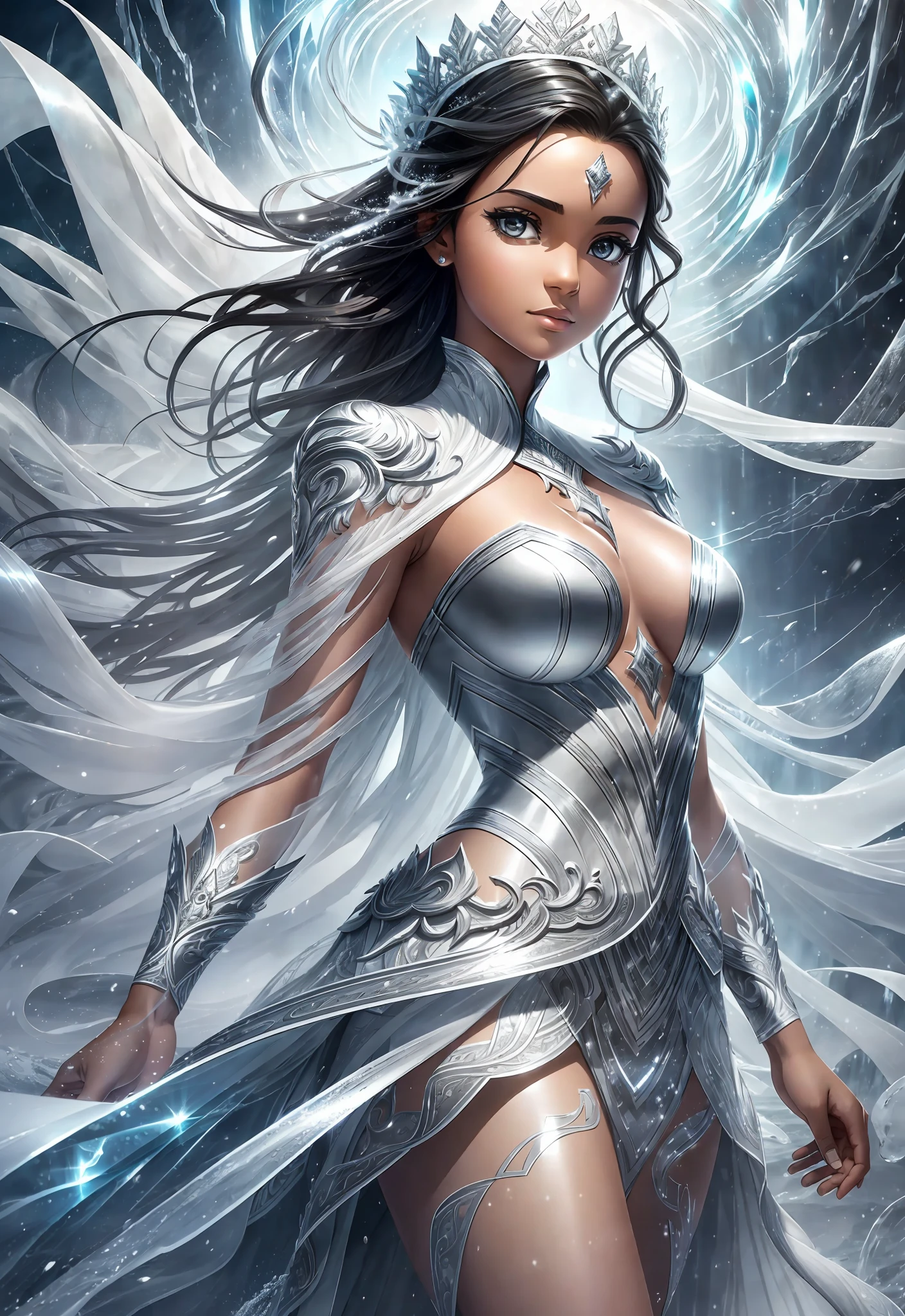 award winning 64k concept art of (black 1girl:1.2) in white majestic open dress standing proudly on the ice, posing, epic, god rays, centered, upper body, (masterpiece:1.2), (best quality:1.2), Amazing, highly detailed, beautiful, finely detailed, warm soft color grading, Depth of field, extremely detailed 64k, fine art, stunning, iridescent, shiny, (light reflections:1.2), (crisp:1.5), silver curls, storm, vibrant, sunlit, (edge detection:1.2), absurdres, impressive, 120mm, outlining, wide thighs