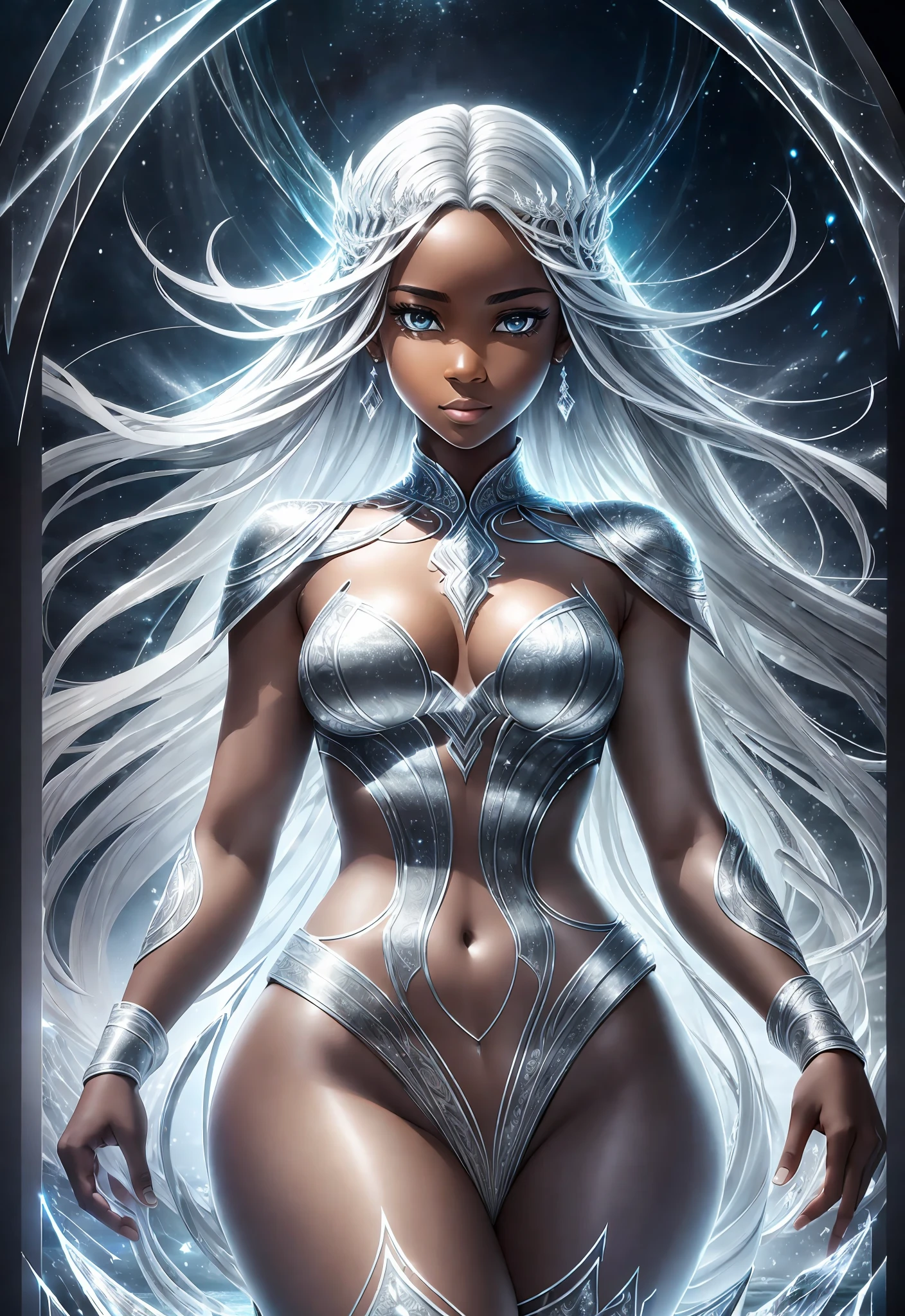 award winning 64k concept art of (black 1girl:1.2) in white majestic open dress standing proudly on the ice, posing, epic, god rays, centered, upper body, (masterpiece:1.2), (best quality:1.2), Amazing, highly detailed, beautiful, finely detailed, warm soft color grading, Depth of field, extremely detailed 64k, fine art, stunning, iridescent, shiny, (light reflections:1.2), (crisp:1.5), silver curls, storm, vibrant, sunlit, (edge detection:1.2), absurdres, impressive, 120mm, outlining, wide thighs