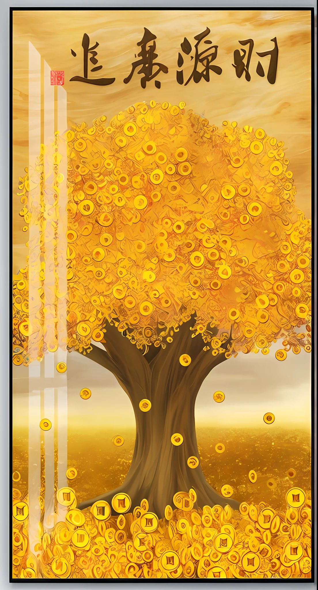 there is a picture of a tree with coins in it, golden sacred tree, rich tree, acrylic art, shades of gold display naturally, 8k high quality detailed art, gold leaf art, golden autumn, hd art, high quality 16k digital art, [ 4 k digital art, gold leaf painting, scenery art detailed, high quality digital painting, a beautiful tree