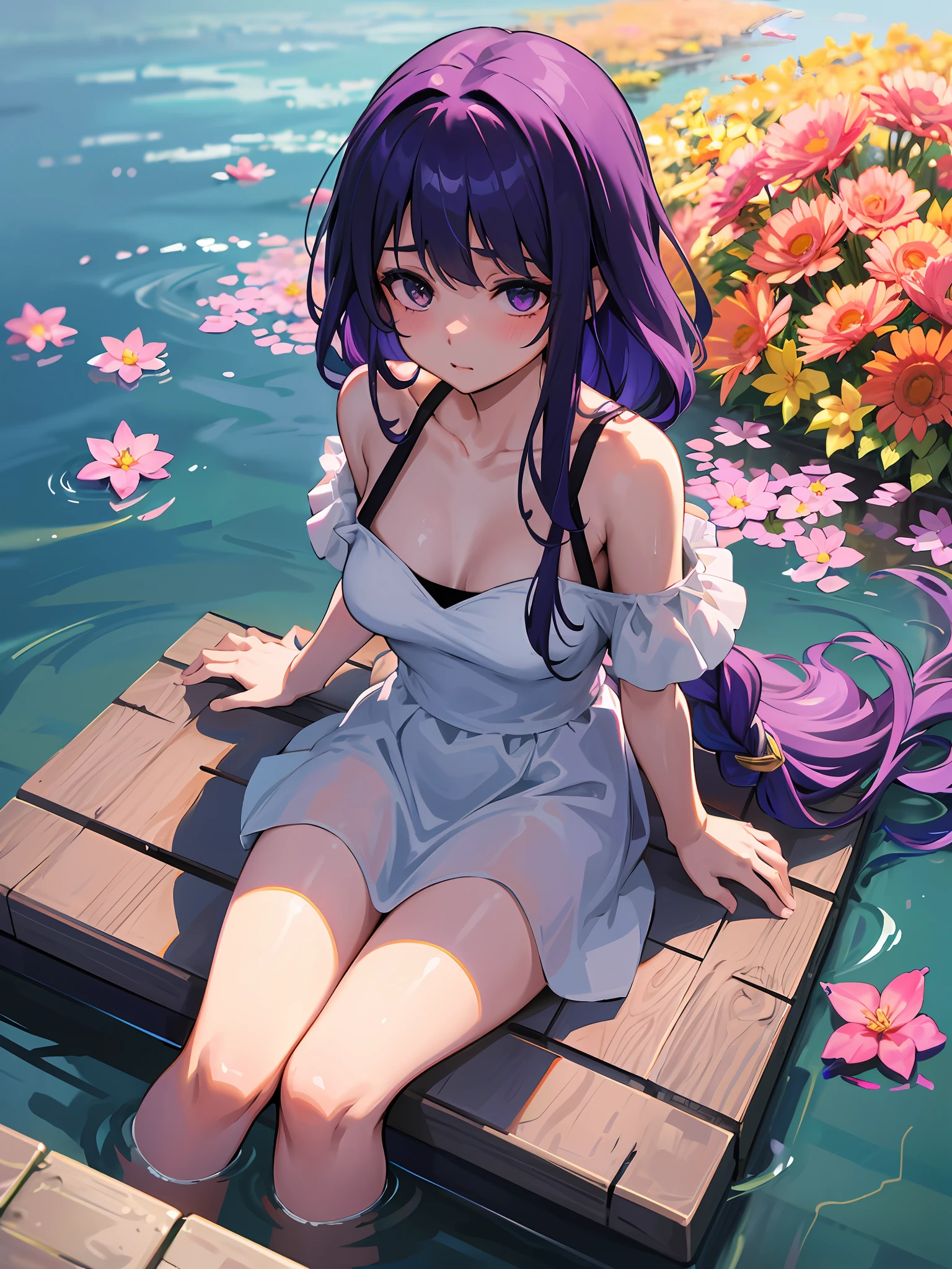 ((Best Quality, 8K, Masterpiece: 1.3)), {{Masterpiece}}, Illustration, Best Quality, Very Detailed CG Unity 8k wallpaper, 1girl_solo, full_body, from_top, looking_at_viewer, looking_up, (White Pantyhose: 1.3),Purple hair,Horsetail braiding, (Nude Dress: 1.3), hair_ribbon, Strong Edge Light, Lake, Flowers, Rain, clothes splash, (wet clothes: 1.6), 16 years old, good figure, sexy and attractive woman, sitting, collarbone, slip sleeveless dress, Sleeveless, The arms are unobstructed,