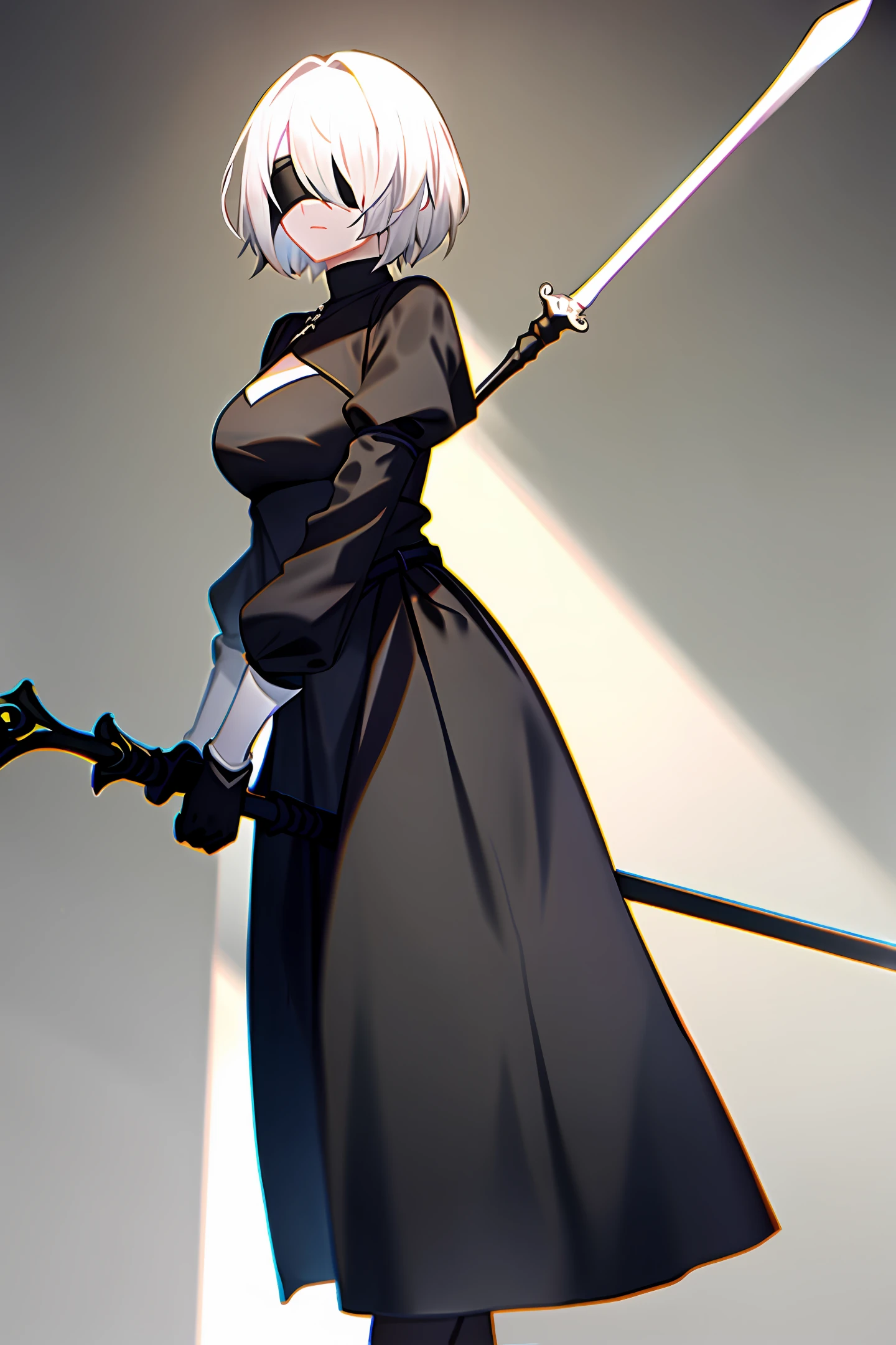 White hair, blindfolded, with a spear