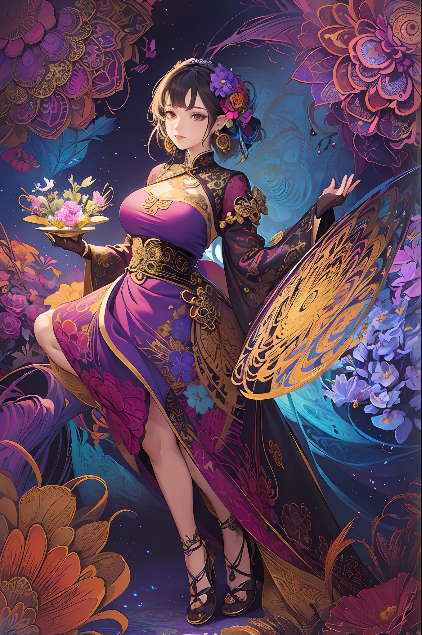(masterpiece, top quality, best quality, official art, beautiful and aesthetic:1.2), (1girl:1.3), extremely detailed,(fractal art:1.1),(colorful:1.1)(flowers:1.3),highest detailed,(zentangle:1.2), (dynamic pose), (abstract background:1.3), (chinese dress:1.2), (shiny skin), (many colors:1.4), ,(earrings:1.4),