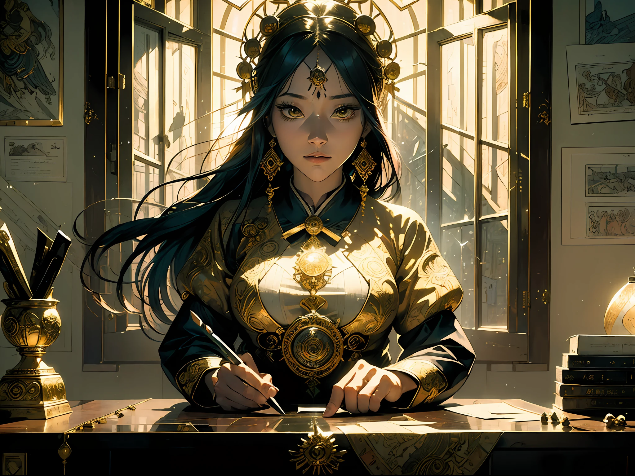 (masterpiece, illustration, official art:1.4), Makima from the anime Chainsaw Man striking a pose while standing next to her office desk, dressed in her traditional attire, her hair elegantly braided, the embodiment of authority and power, her commanding presence captured in the illustration, the focus drawn to her mesmerizing eyes, vibrant yellow irises with striking red circles within them, radiating an aura of intensity and mystery, the perfect lighting streaming through the window, casting a soft and ethereal glow upon her, accentuating her features and creating a captivating atmosphere, her traditional clothing adorned with intricate details and symbols, reflecting her role and status, the office desk displaying a collection of documents and a laptop.
