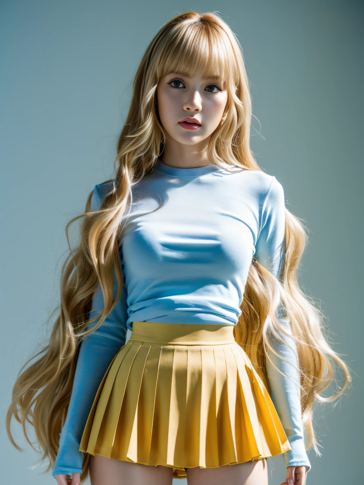 Lisa light yellow long hair, Lisa face shape, wearing a tight white T-shirt, open waist, light blue pleated skirt, long legs, masterpiece, superlative, realistic, HD, photography lighting, 16k