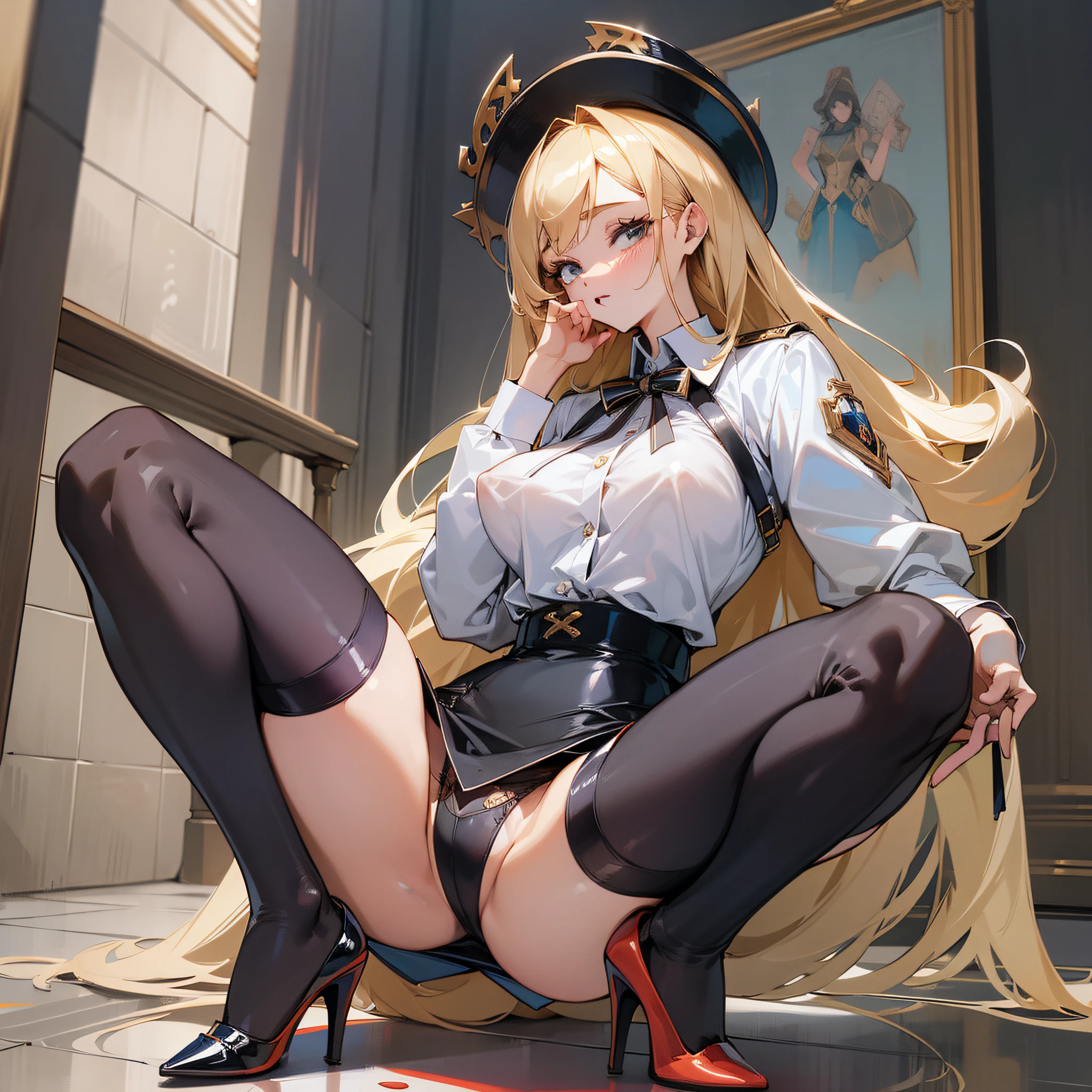 ((Best Quality)), ((Masterpiece)), Long Pencil Skirt, Shirt, Puffy Nipple, Full Body, Squat, Pin Heels, Crotch Open, Garter Belt