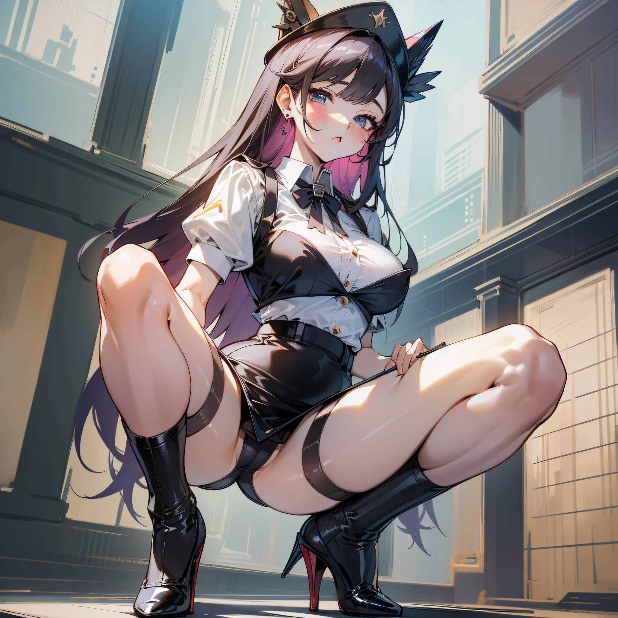 ((Best Quality)), ((Masterpiece)), Long Pencil Skirt, Shirt, Puffy Nipple, Full Body, Squat, Pin Heels, Crotch Open, Garter Belt