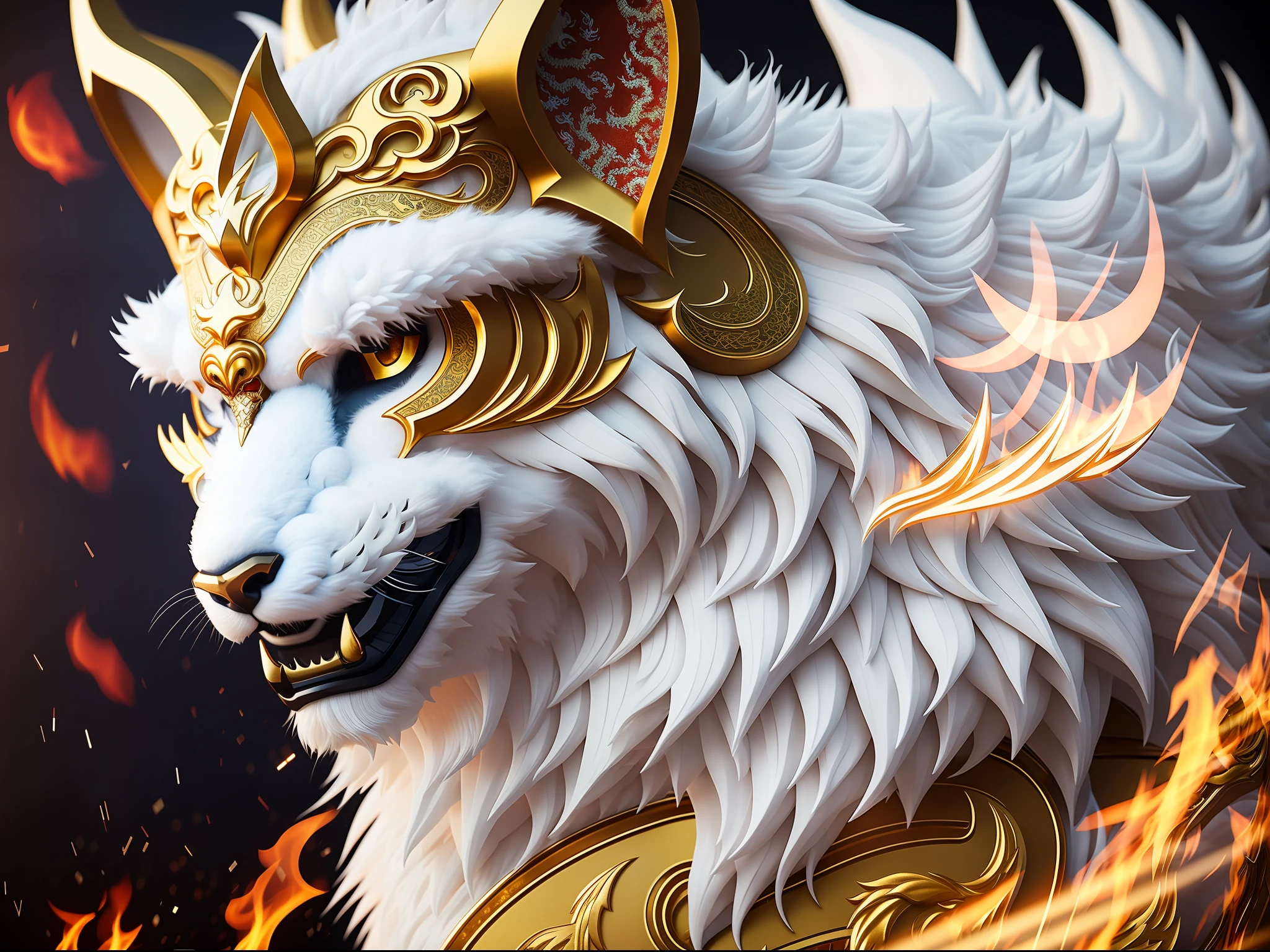 Qilin, Chinese mythical beast, cute, clean, pretty, mighty, pure white, ultra-fine fur, golden eyes, intricate details, flame background, power, 8K, virtual engine, octane rendering, HD, macro lens