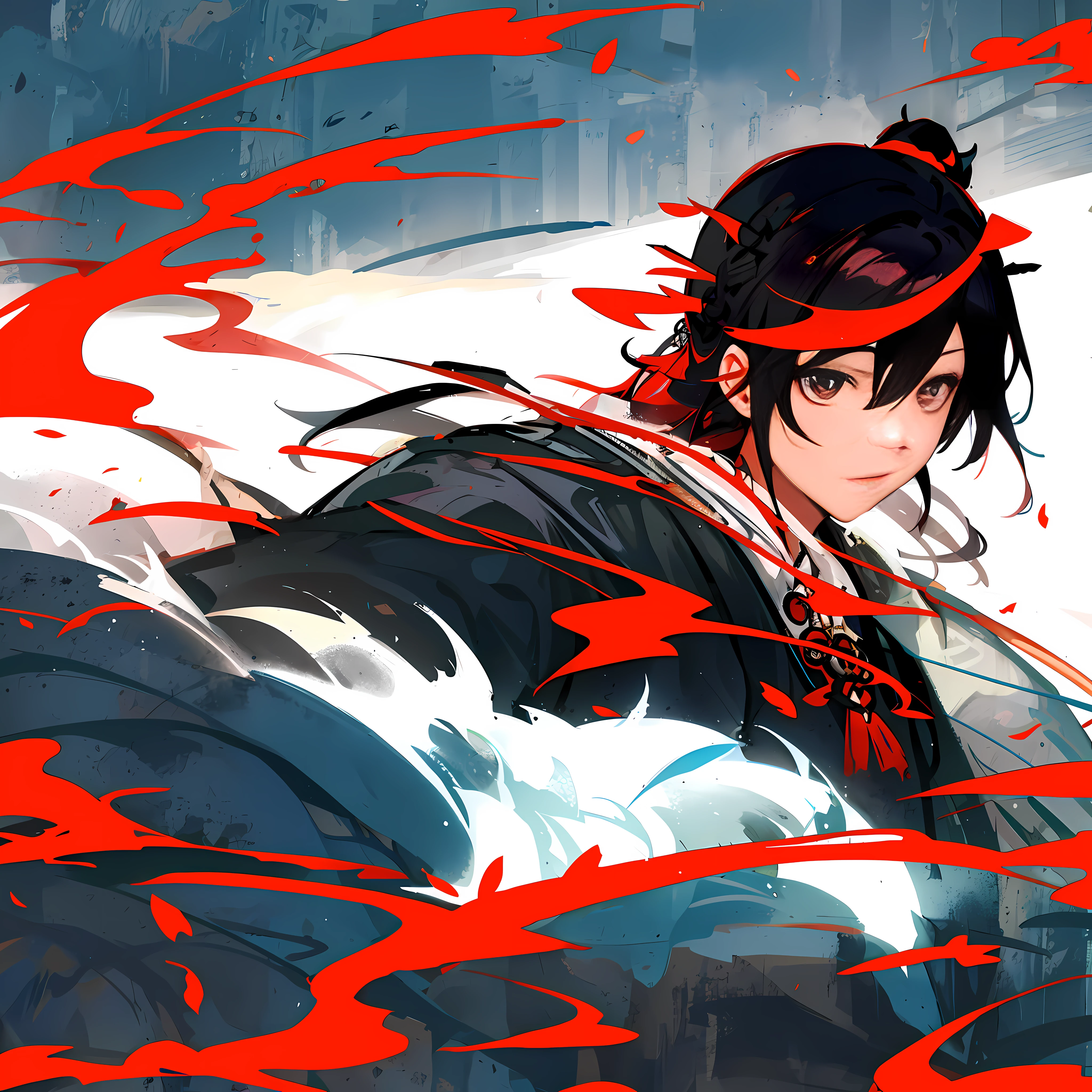 A woman with red hair and black costume, a handsome guy in Demon Slayer art