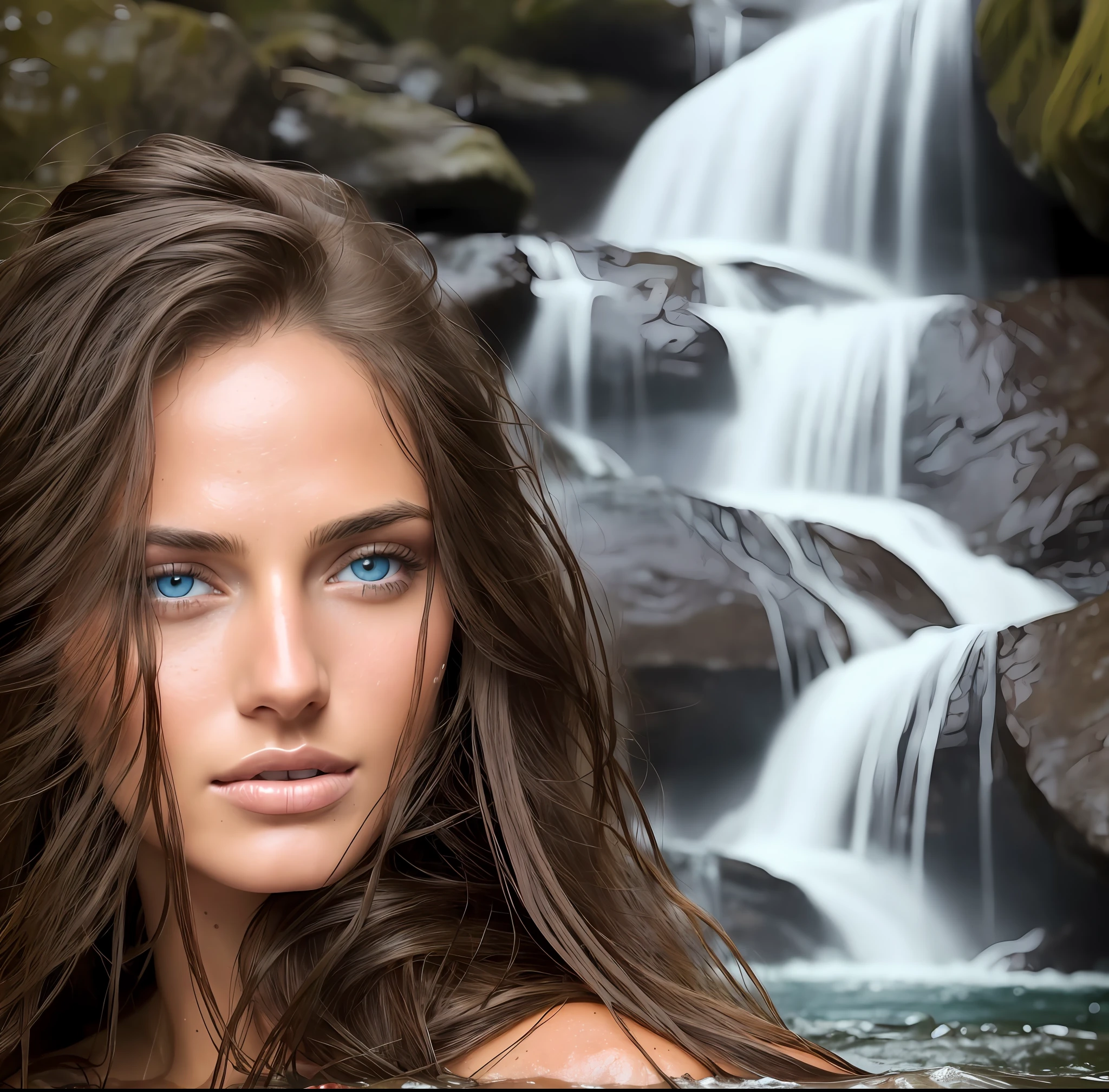 Close-up of a beautiful woman, long brown hair, bathing in a waterfall. Perfect skin. Blue eyes, raw photo, wet hair. Real skin. Sexy look. Natural light. Very detailed face. Photorealistic, hyperdetailed, high quality, 8k
