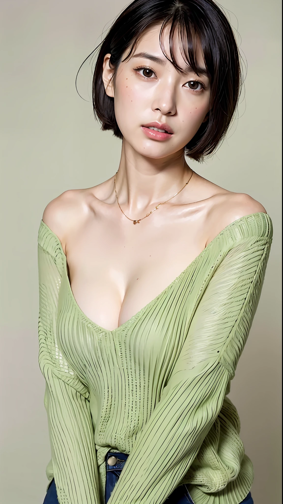 (Best Quality, 8k, 32k, Masterpiece, UHD: 1.2), Cute Japan Woman Pictures, Big Breasts, Very Short Bob Hair, Upper Body, Face Focus, oversized_sweater, Necklace, Simple Background, From Above Look at the Viewer, Put Your Hands on Your Chest, Show Your Cleavage, Get on All Fours