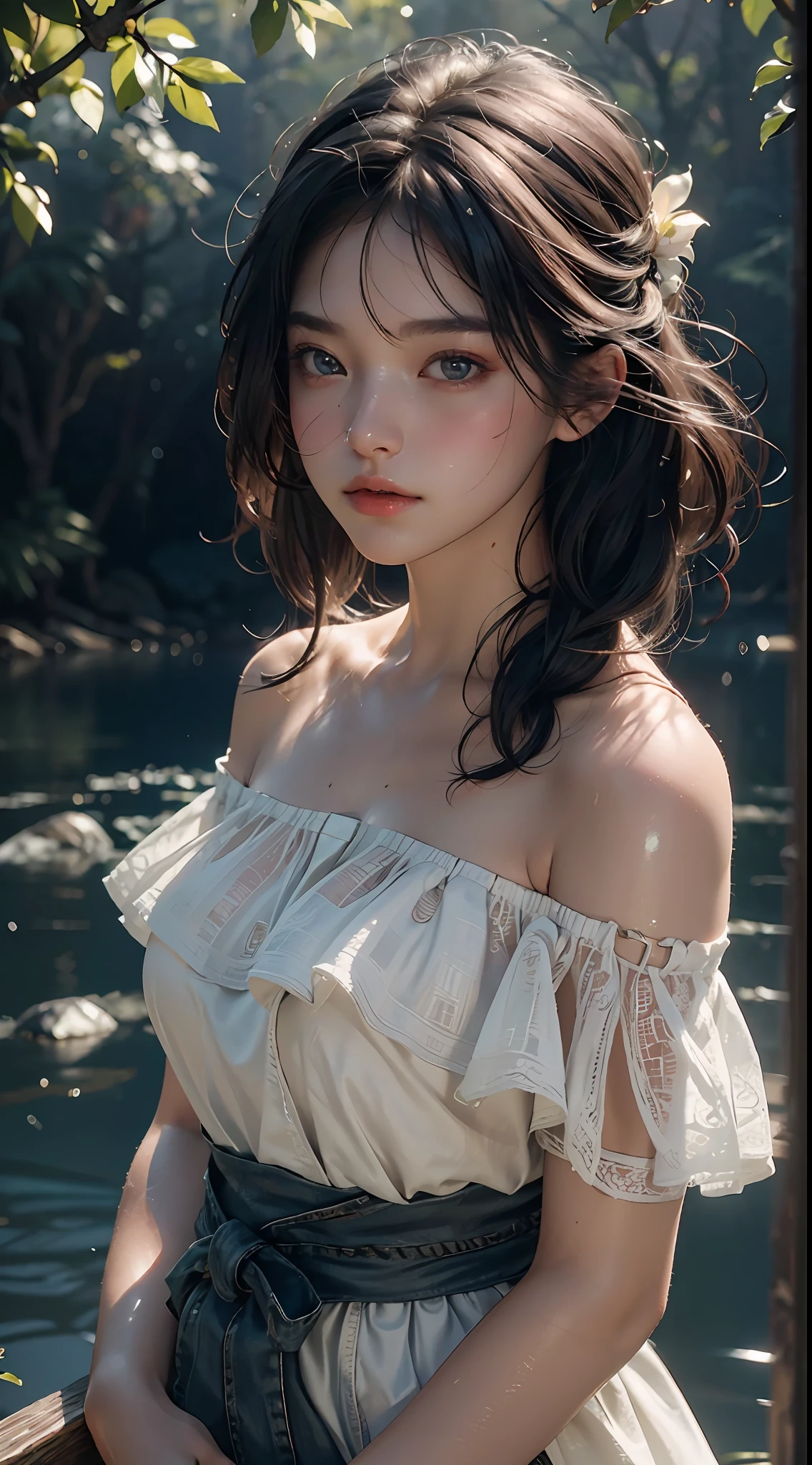 Top quality, masterpiece, ultra high resolution, (photoreal: 1.4), raw photo, one girl, off-shoulder, cinematic lighting, slightly sweaty and shiny skin
,beautiful delicate face, beautiful delicate eyes ,(realistic, photo realistic:1),award winning,Super beautiful background drawn by WLOP,