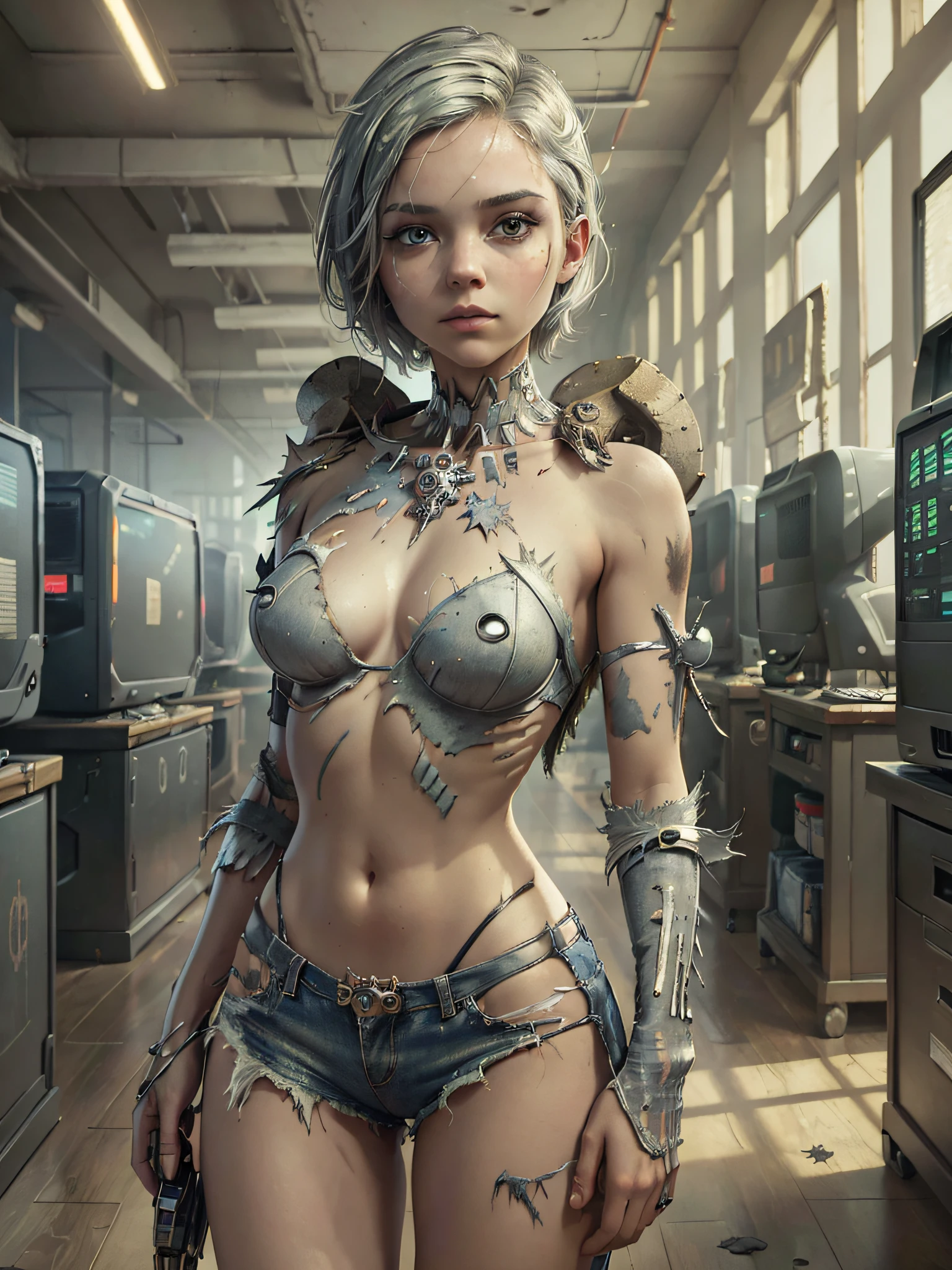 (best quality:1.33), (masterpiece:1.42), (realistic:1.24), (detailed:1.15), 1girl, short silver hair, wearing torn outfit made of skulls, horror, in a room full of computers, tech lab