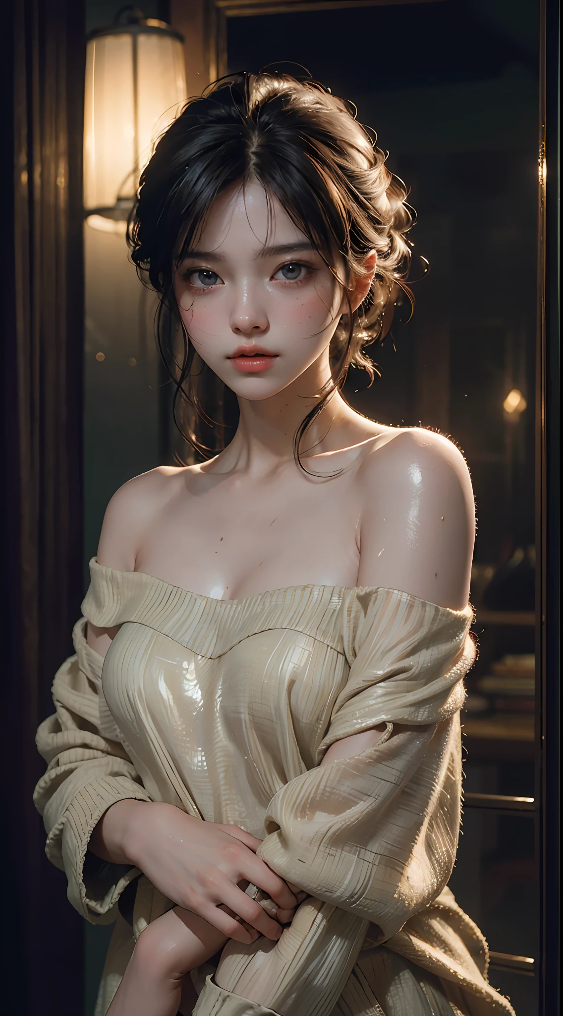 Top quality, masterpiece, ultra high resolution, (photoreal: 1.4), raw photo, one girl, off-shoulder, cinematic lighting, slightly sweaty and shiny skin
,beautiful delicate face, beautiful delicate eyes ,(realistic, photo realistic:1),award winning,Super beautiful background drawn by WLOP,