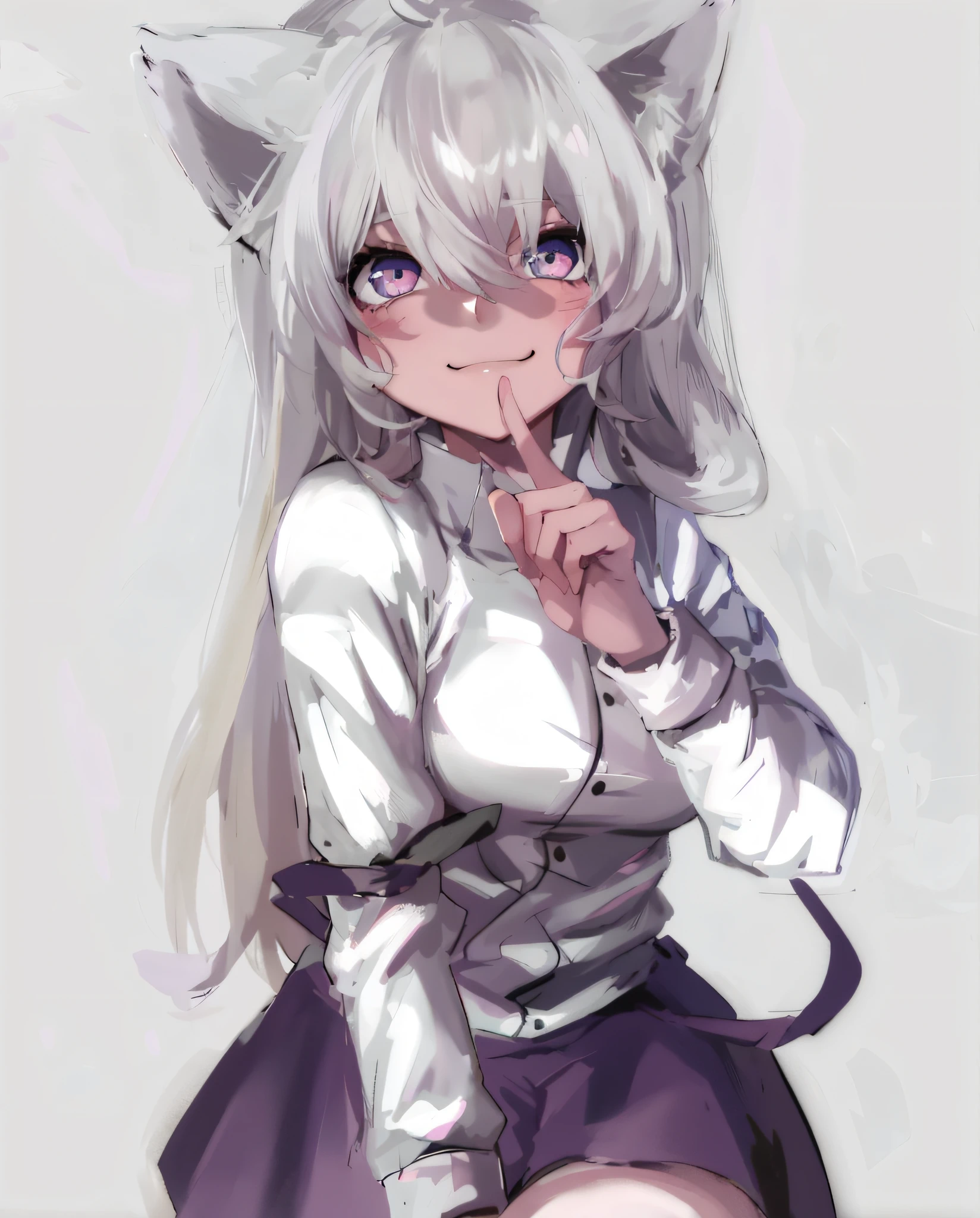 Anime girl with white hair and sitting cat ears, white cat girl, cute anime catgirl, anime catgirl, nyaruko-san, neferpitou, white-haired fox, catgirl, anime moe artstyle, beautiful anime catgirl, danganronpa digital art, anime girl with cat ears, in an anime style, index finger, coquettish smile