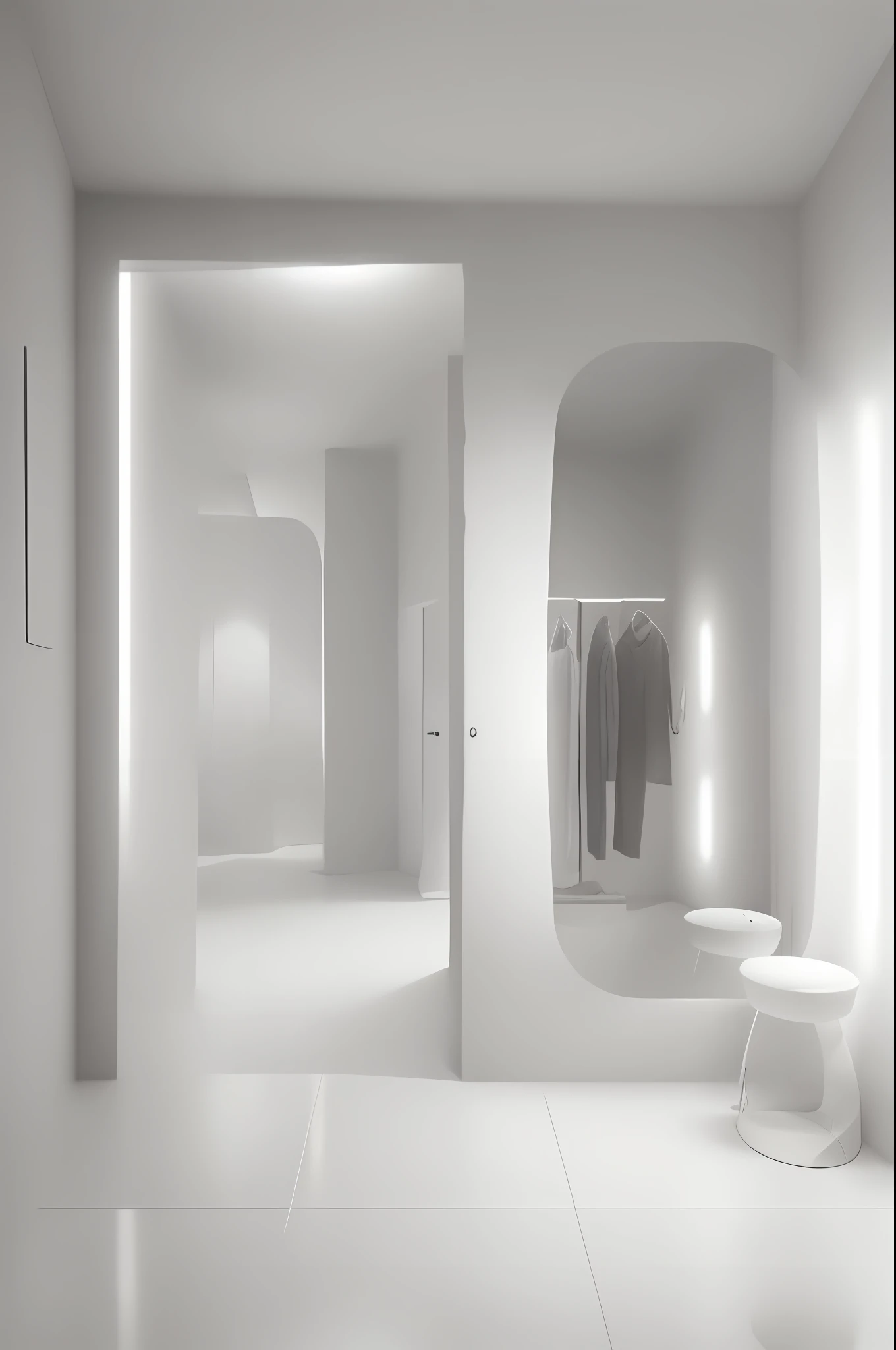 there is a bathroom with a mirror and a stool in it, dezeen showroom, soft indoor light, oled lights in corners, indoor soft lighting, low spacial lighting : :, mirror hallways, glowing white accent lighting, interior light, elegant futuristic wardrobe, very luminous design, indoor lighting, interior lighting, eora, dezeen, glowing interior lighting