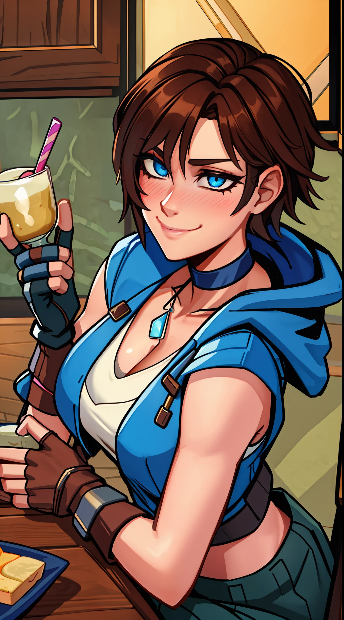 One woman, masterpiece, (blue) sleeveless hoodie), cleavage, silver necklace, black choker on neck, blush, joy, smile, big, big, realistic, realistic, ultra-precise, elaborate, professional, 8k, (staring at parfait), (eyes are dessert), beautiful white skin, beautiful blue eyes, (brown hair), (((blue) sleeveless hoodie, short hair, fingerless gloves, Uttori, staring at dessert, table, sitting on chair, dessert on table, glad, camouflage cargo pants, looking down