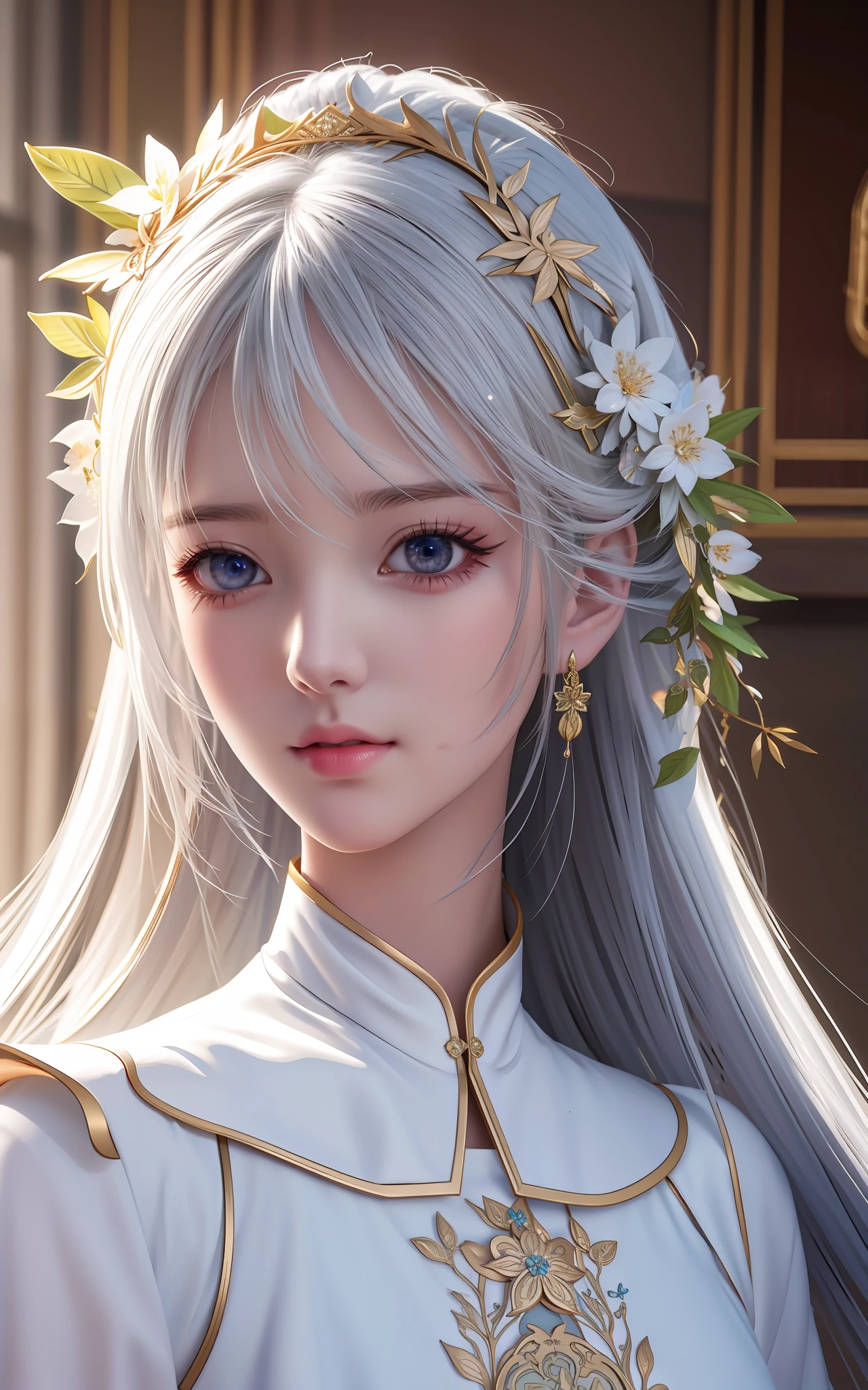 Trends on ArtStation, Trends on CGSociety, Intricate, High Detail, Sharp Focus, Dramatic, Realistic Art of Drawing by Midjourney and Greg Rutkowski, Sketch, Masterpiece, Best Quality, Very Detailed, 1girl, Half, Beautiful Meticulous Eyes, Cute Anime Face, Bust, Beautiful Meticulous Face, White Hair, (Botanical Illustration: 1.5), White Dress