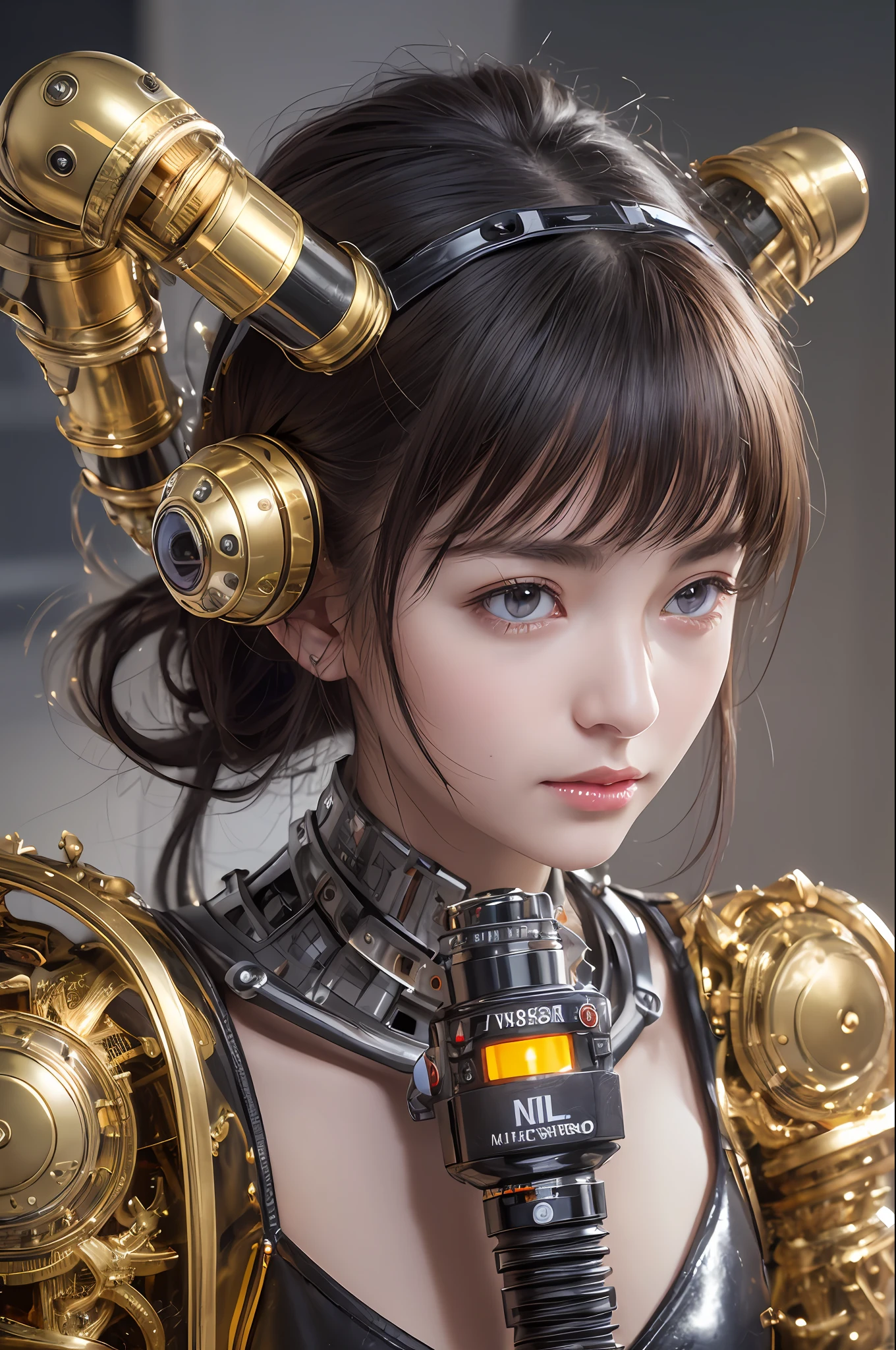 Top Quality, Masterpiece, Ultra High Resolution, (Photorealistic: 1.4), Raw Photo, 1 Girl, Black Hair, Glossy Skin, 1 Mechanical Girl, (Ultra Realistic Details)), Portrait, Global Illumination, Shadows, Octane Rendering, 8K, Ultra Sharp, Big, Cleavage Exposed Raw Skin, Metal, Intricate Ornament Details, Egyptian Details, Matsumoto meter, meter, vacuum tube, nixie tube, oil pressure gauge, glass tube, analog meter, gear, gear, golden hydraulic cylinder, very intricate detail, realistic light, CGSoation trend, purple eyes, glowing eyes, facing the camera, neon details, mechanical limbs, blood vessels connected to the tube, mechanical vertebrae attached to the back, mechanical cervical attachment to the neck, sitting, wires and cables connecting to the head, Evangelion, small LED lamps,