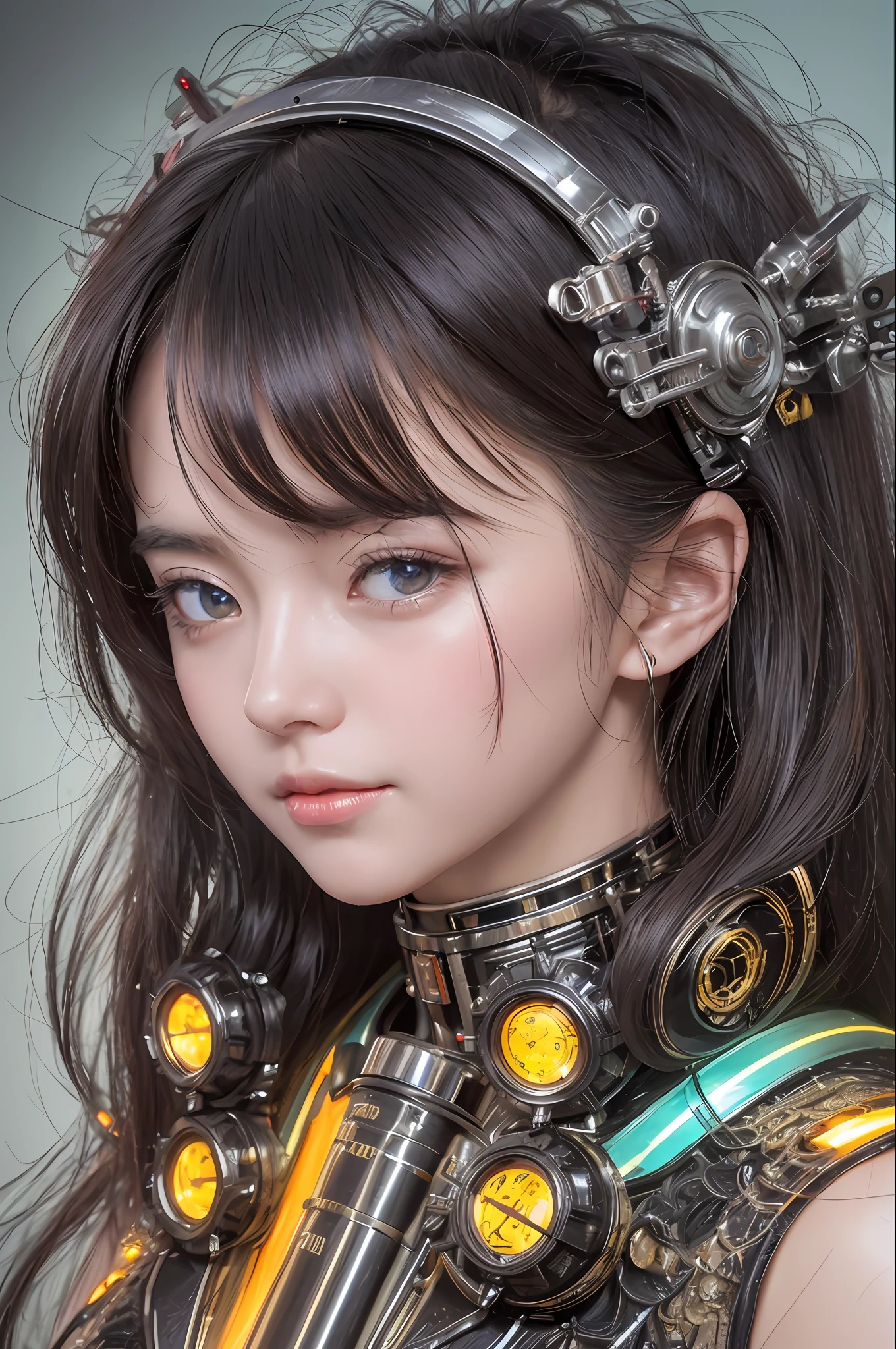Top Quality, Masterpiece, Ultra High Resolution, (Photorealistic: 1.4), Raw Photo, 1 Girl, Black Hair, Glossy Skin, 1 Mechanical Girl, (Ultra Realistic Details)), Portrait, Global Illumination, Shadows, Octane Rendering, 8K, Ultra Sharp, Big, Cleavage Exposed Raw Skin, Metal, Intricate Ornament Details, Egyptian Details, Matsumoto meter, meter, vacuum tube, nixie tube, oil pressure gauge, glass tube, analog meter, gear, gear, golden hydraulic cylinder, very intricate detail, realistic light, CGSoation trend, purple eyes, glowing eyes, facing the camera, neon details, mechanical limbs, blood vessels connected to the tube, mechanical vertebrae attached to the back, mechanical cervical attachment to the neck, sitting, wires and cables connecting to the head, Evangelion, small LED lamps,
