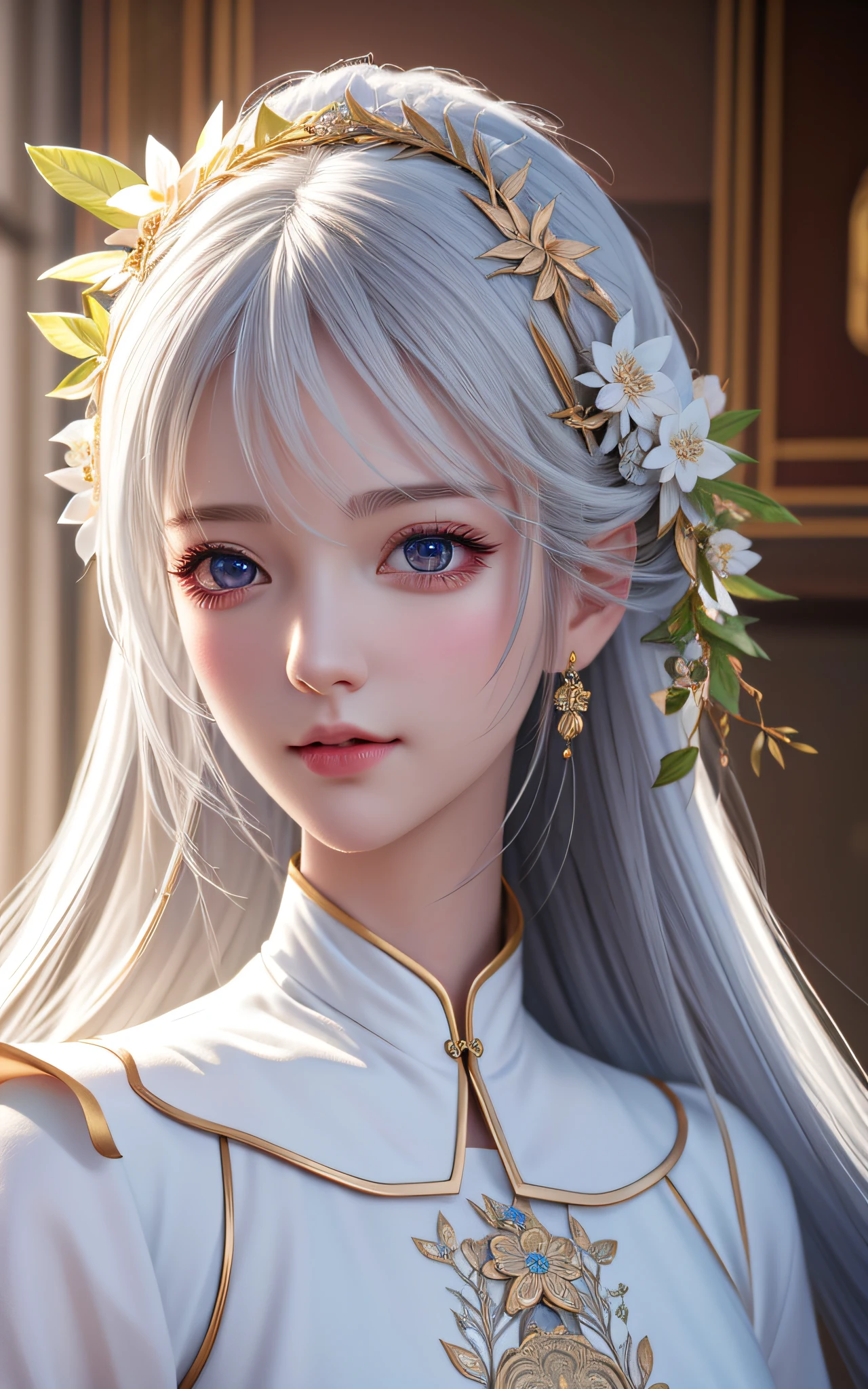 Trends on ArtStation, Trends on CGSociety, Intricate, High Detail, Sharp Focus, Dramatic, Realistic Art of Drawing by Midjourney and Greg Rutkowski, Sketch, Masterpiece, Best Quality, Very Detailed, 1girl, Half, Beautiful Meticulous Eyes, Cute Anime Face, Bust, Beautiful Meticulous Face, White Hair, (Botanical Illustration: 1.5), White Dress