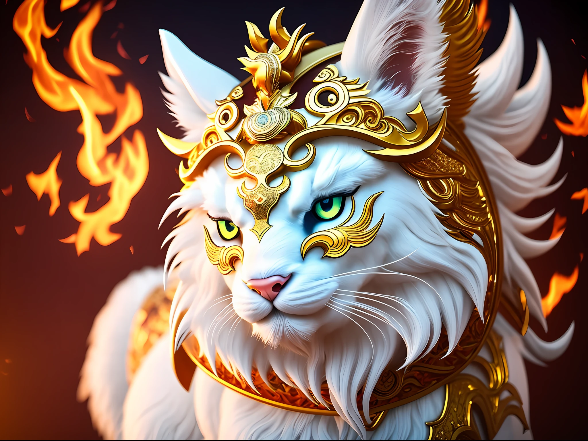 Qilin, Chinese mythical beast, cute, clean, pretty, mighty, pure white, ultra-fine fur, golden eyes, intricate details, flame background, power, 8K, virtual engine, octane rendering, HD, macro lens