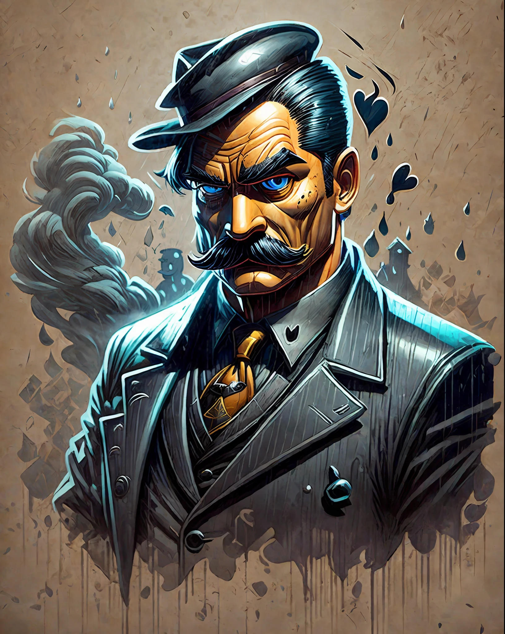 noir detective mr. Rubber Duck. Smoke, rain, moustache and bravery. He can solve any puzzle. But can't beat his inner demons. Expressive dark matte gouche painting. --auto --s2