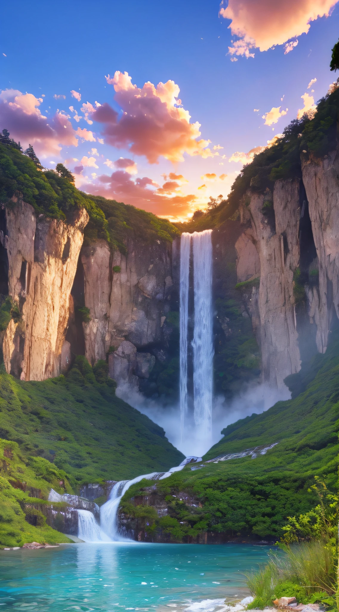Landscape waterfall in mountains sunset image best quality, high quality, beautiful wallpaper deserted beach 8k extremely detailed, photography --auto --s2