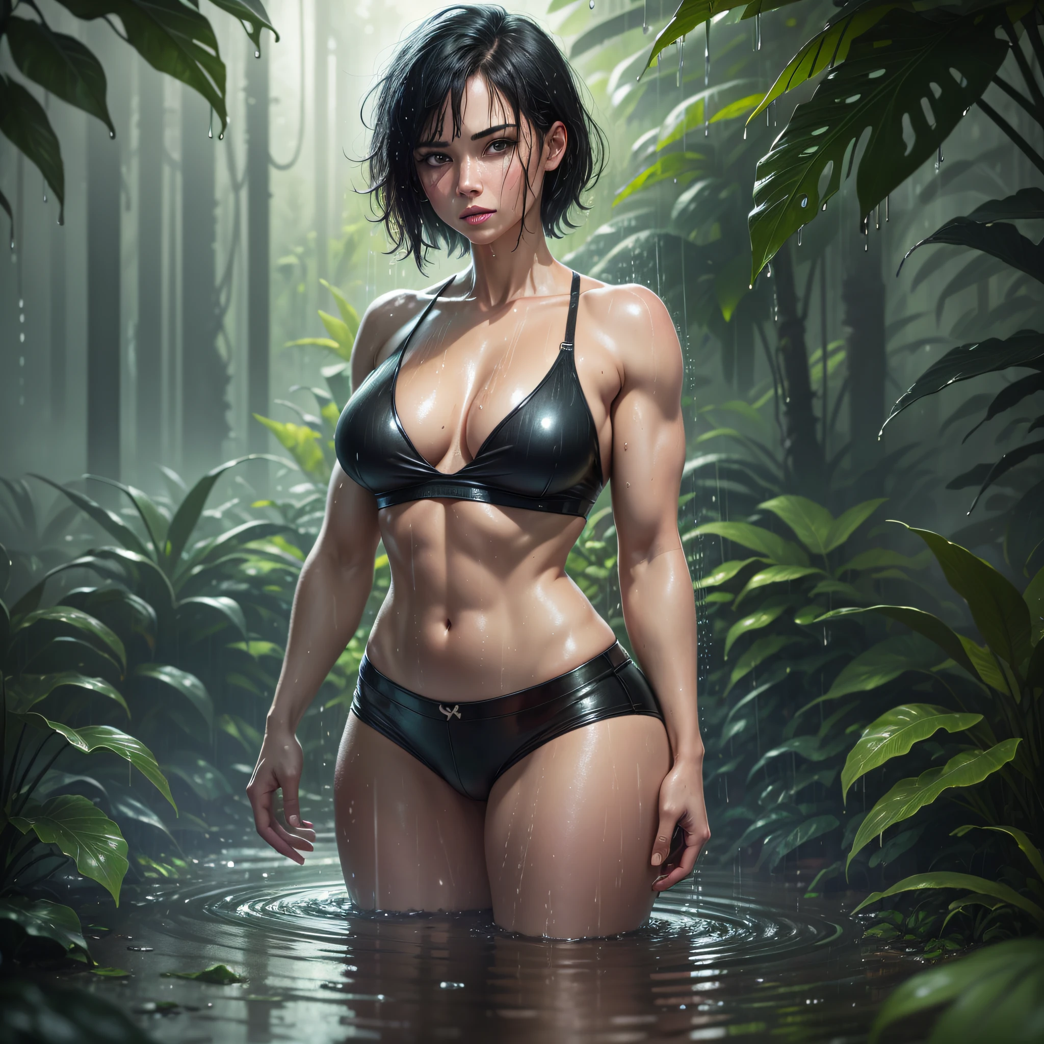 best quality, high definition, realistic, woman, jungle in background, rainy wet weather, soaking wet skin, raindrops, thunderstorm, bright neon lights, bare chest, big chest muscles, pale skin, pulled down pants, short black hair, ((young)) --auto --s2