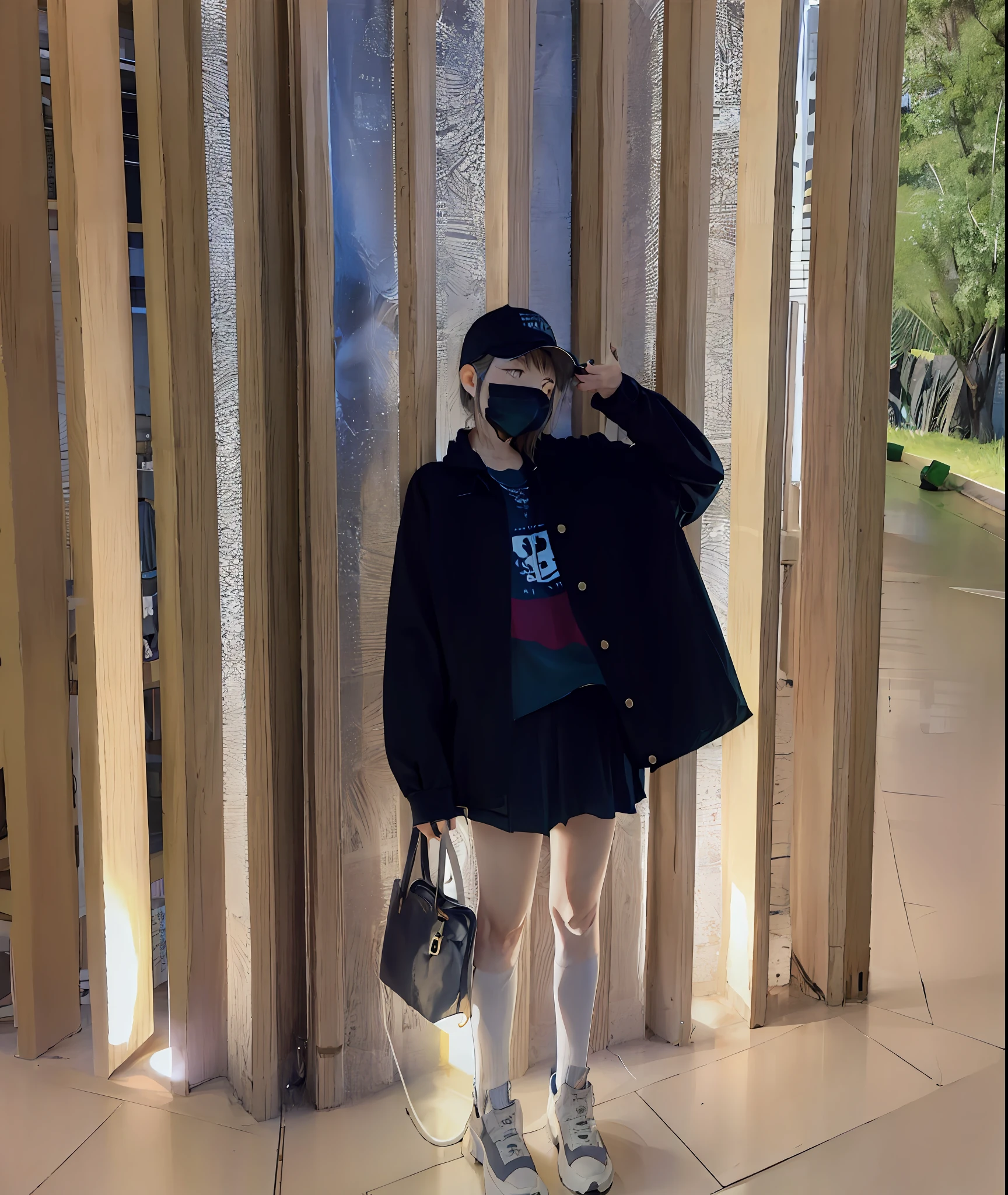 there is a woman standing in front of a wooden wall, wearing a fisher 🧥, wearing japanese techwear, she is wearing streetwear, black oversized clothes, wearing all black mempo mask, 2 0 2 0 fashion, wearing space techwear, profile pic, random artist, e-girl, e - girl, wearing a fancy black jacket, wearing jacket and skirt --auto --s2