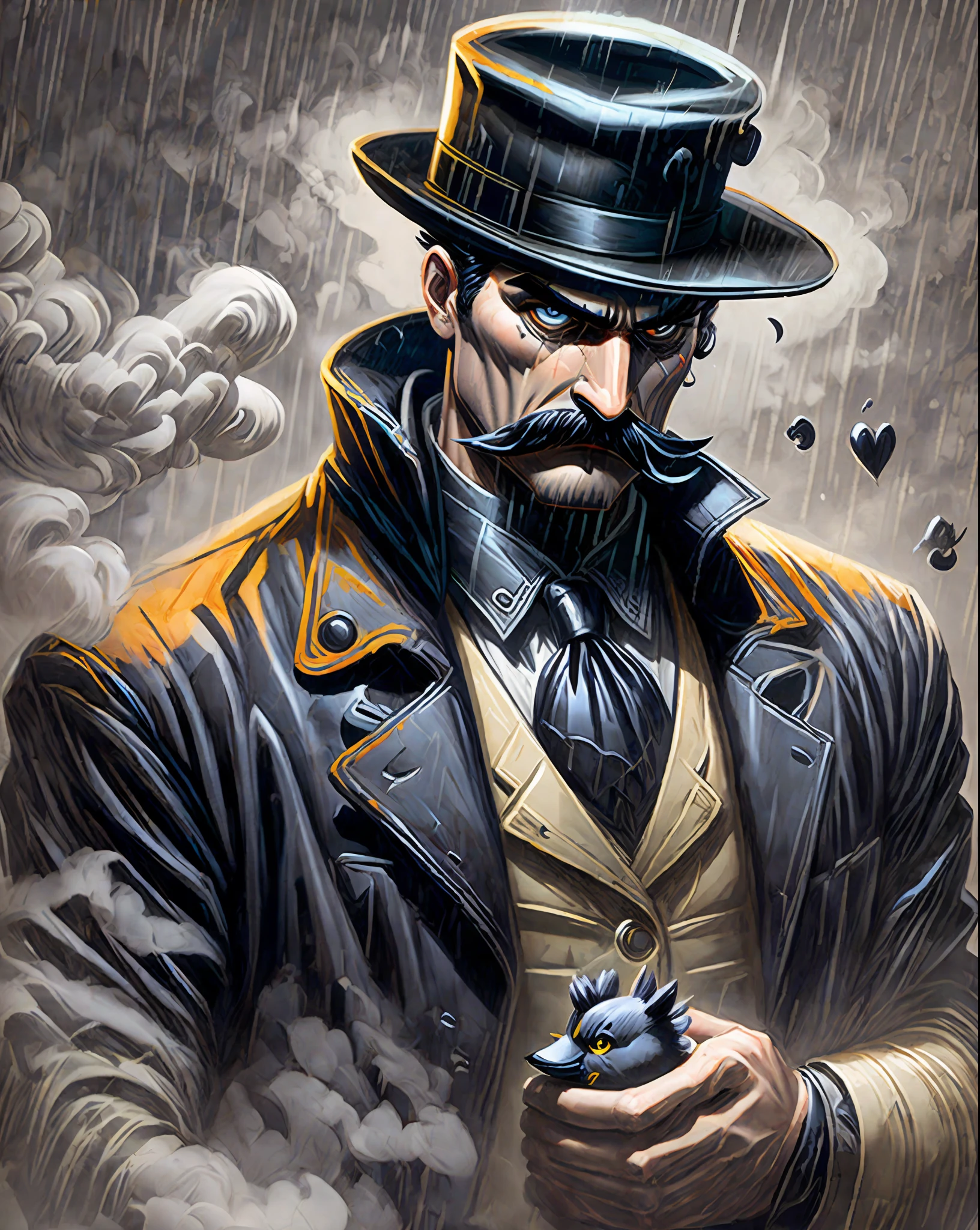 noir detective mr. Rubber Duck. Smoke, rain, moustache and bravery. He can solve any puzzle. But can't beat his inner demons. Expressive dark matte gouche painting. --auto --s2