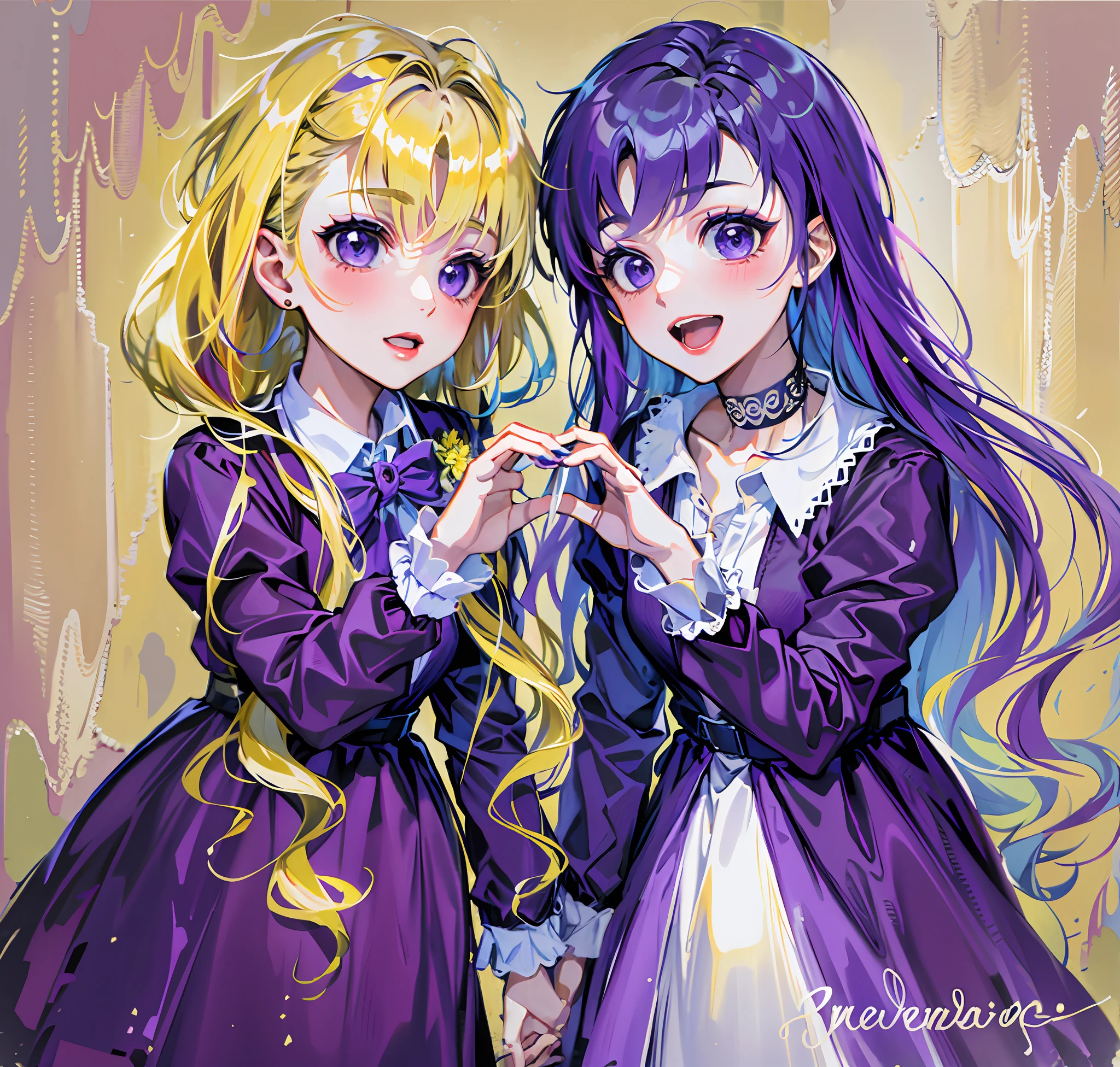 (8k, best quality, masterpiece), two women, one yellow hair and one purple hair, than heart, lesbian, bouquet, simple background