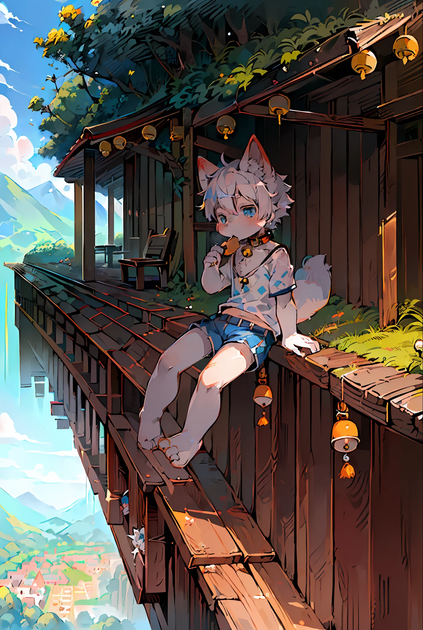 Masterpiece, high quality, absurd resolution, digital painting \ (artwork \), by dagasi, Yupa, Kiyosan, (fluffy fur, white fur, full body fur,). Boy, blue eyes, white hair, shorts, barefoot, bright eyes, panorama, character focus. Detailed background, eating, outdoors, grass, (bells, pet collars, loose clothing: 1.2)