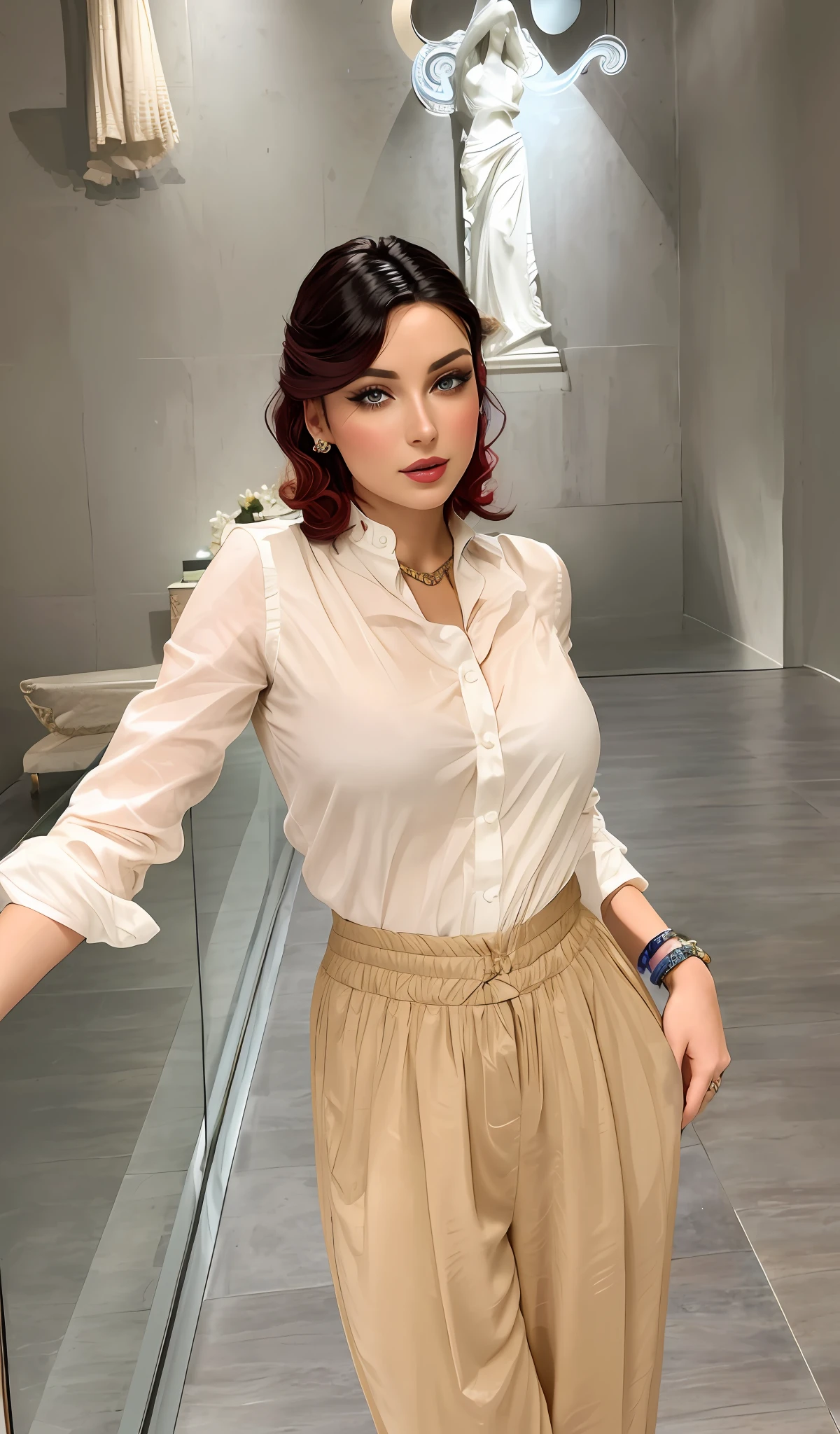 cleavage, (sharp focus: 1.2), portrait, ((posing)), (beautiful face: 1.1), detailed eyes, delightful lips, ((skindentation)), (bright studio lighting: 1.2), style, model style, portrait of woman by Flora Borsi, style by Flora Borsi, bold colors, bright colors, rainbow Mohawk haircut, ((Flora Borsi))