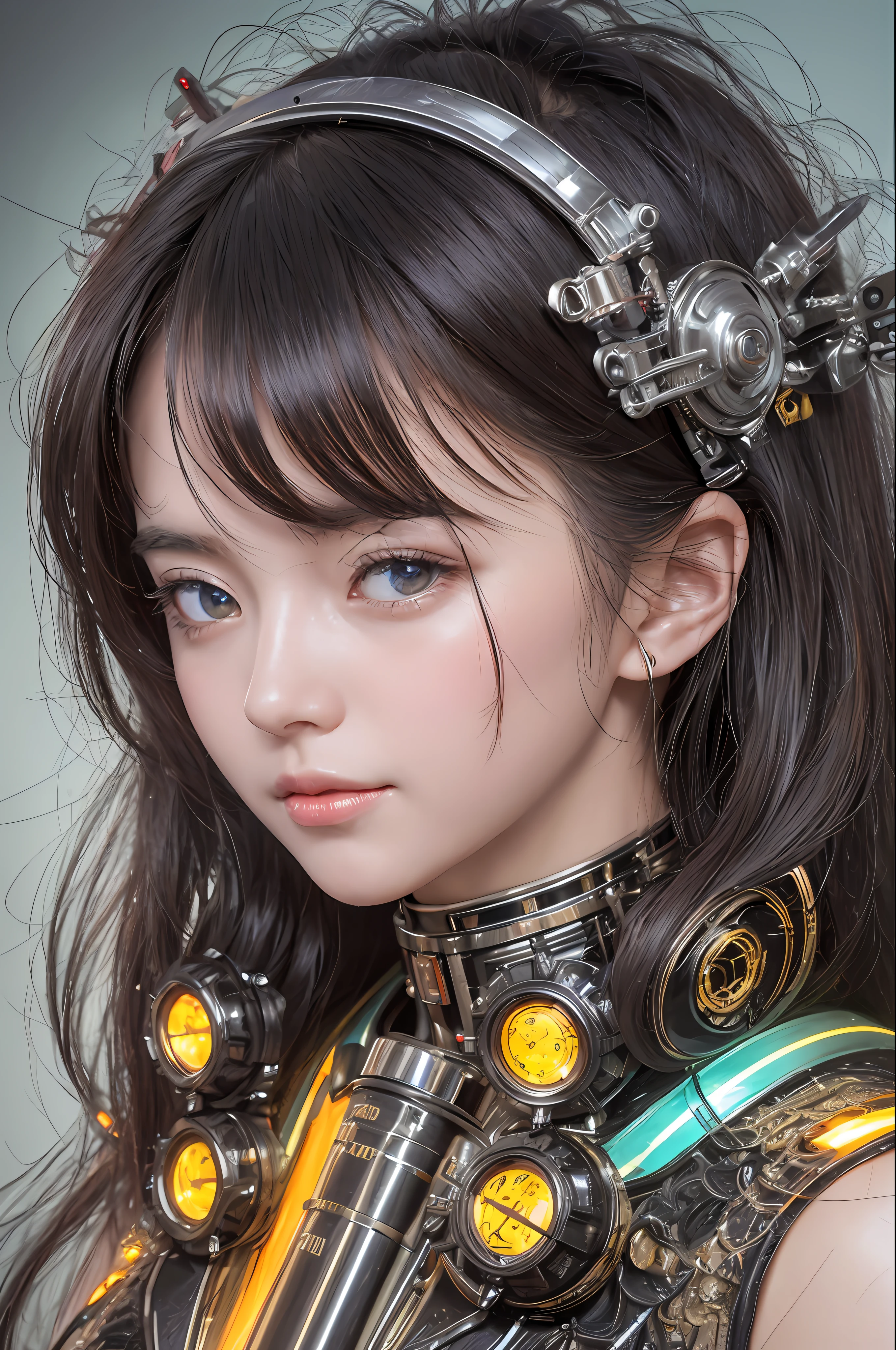 Top Quality, Masterpiece, Ultra High Resolution, (Photorealistic: 1.4), Raw Photo, 1 Girl, Black Hair, Glossy Skin, 1 Mechanical Girl, (Ultra Realistic Details)), Portrait, Global Illumination, Shadows, Octane Rendering, 8K, Ultra Sharp, Big, Cleavage Exposed Raw Skin, Metal, Intricate Ornament Details, Egyptian Details, Matsumoto meter, meter, vacuum tube, nixie tube, oil pressure gauge, glass tube, analog meter, gear, gear, golden hydraulic cylinder, very intricate detail, realistic light, CGSoation trend, purple eyes, glowing eyes, facing the camera, neon details, mechanical limbs, blood vessels connected to the tube, mechanical vertebrae attached to the back, mechanical cervical attachment to the neck, sitting, wires and cables connecting to the head, Evangelion, small LED lamps,