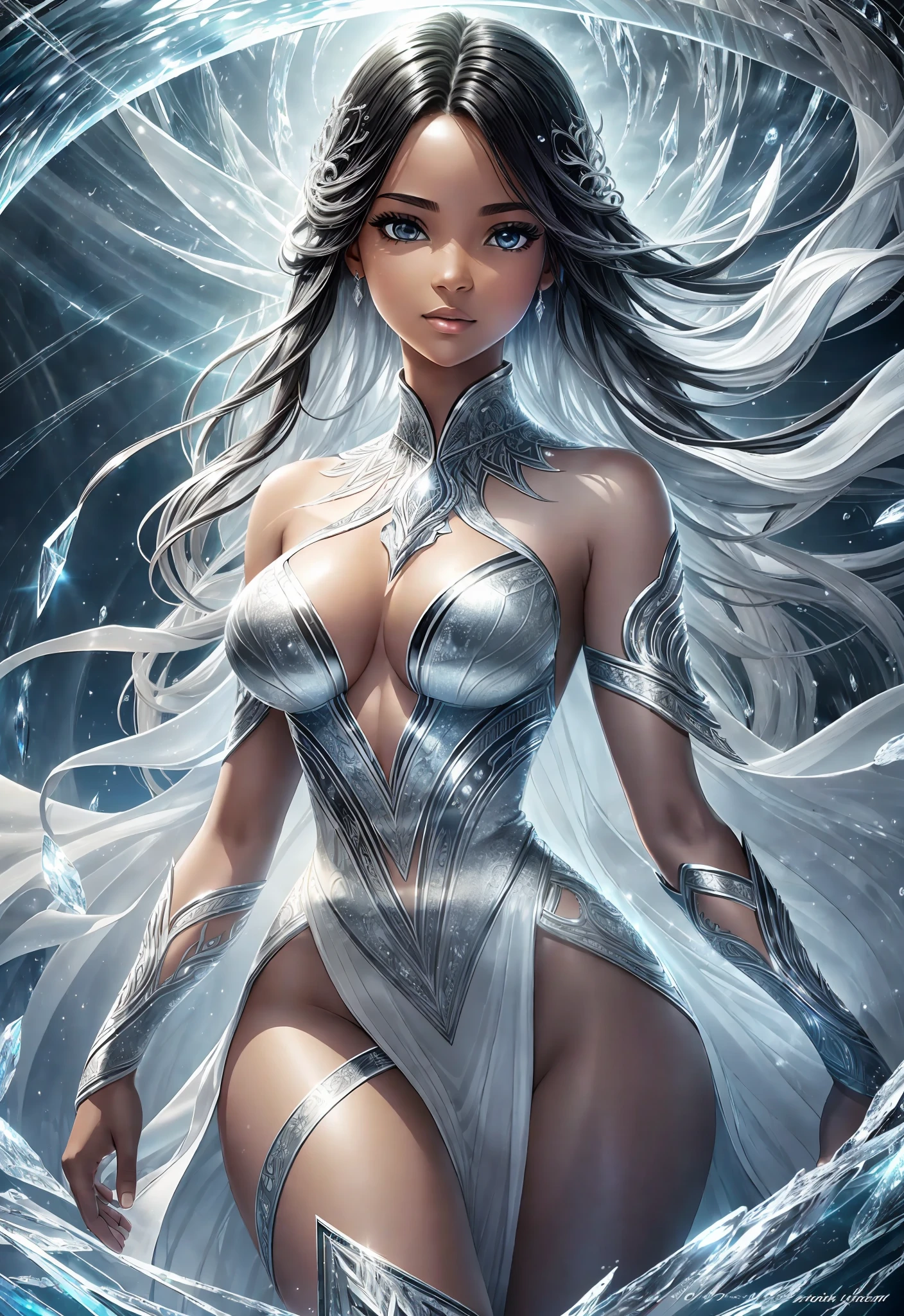 award winning 64k concept art of (black 1girl:1.2) in white majestic open dress standing proudly on the ice, posing, epic, god rays, centered, upper body, (masterpiece:1.2), (best quality:1.2), Amazing, highly detailed, beautiful, finely detailed, warm soft color grading, Depth of field, extremely detailed 64k, fine art, stunning, iridescent, shiny, (light reflections:1.2), (crisp:1.5), silver curls, storm, vibrant, sunlit, (edge detection:1.2), absurdres, impressive, 120mm, outlining, wide thighs