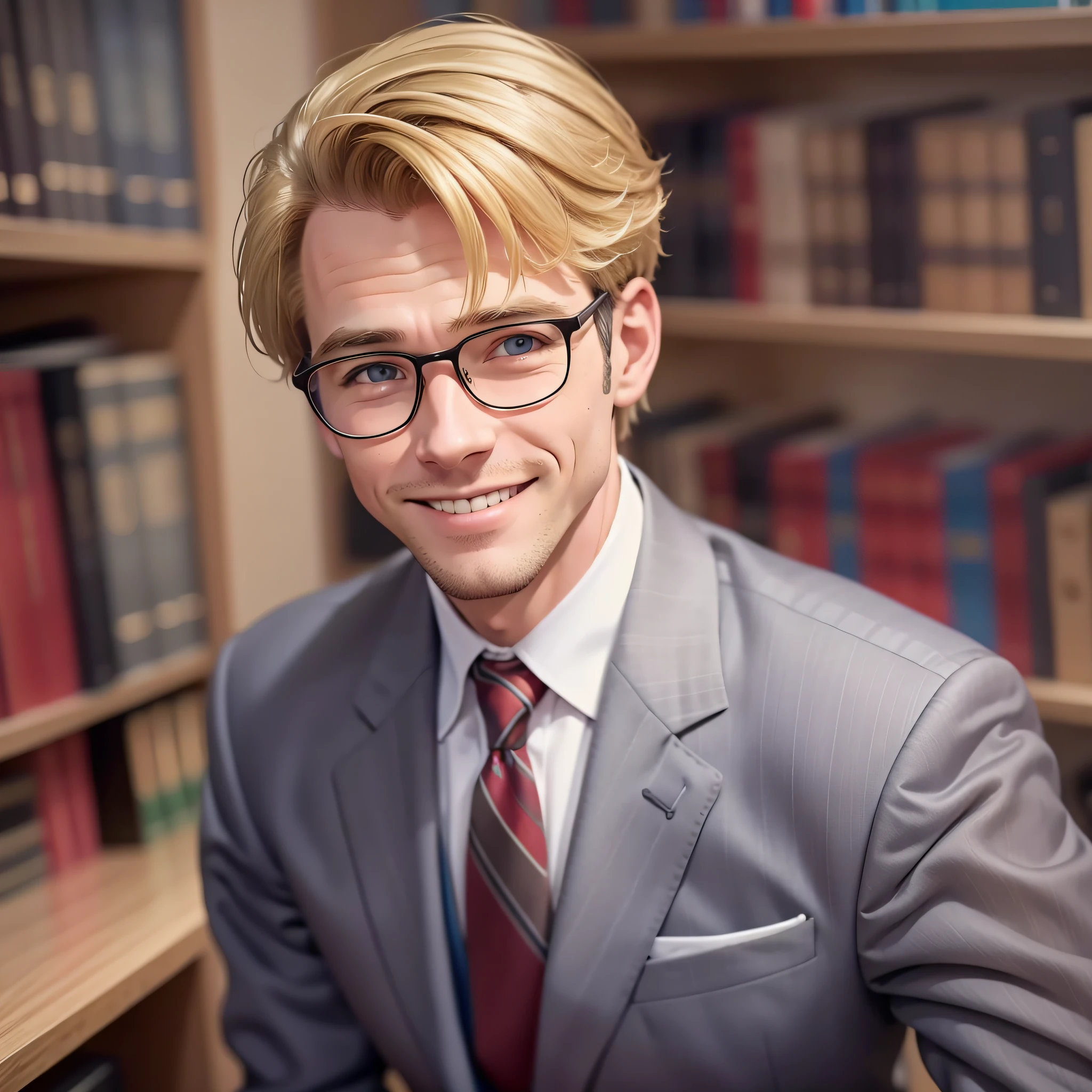 American male professor, 50s, suit, front, upper body, blonde, smiling