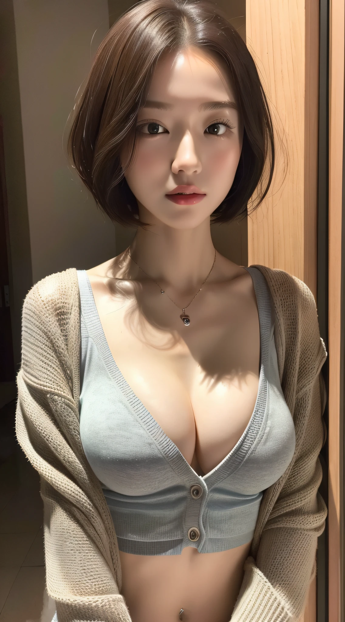 ((Best quality, 8k, Masterpiece :1.3)), 1girl, Pretty woman with slender abs :1.3, (Medium-short hair, ???????????? :1.2), Cardigan :1.1, Ultra-detailed face, Detailed eyes, Double eyelid