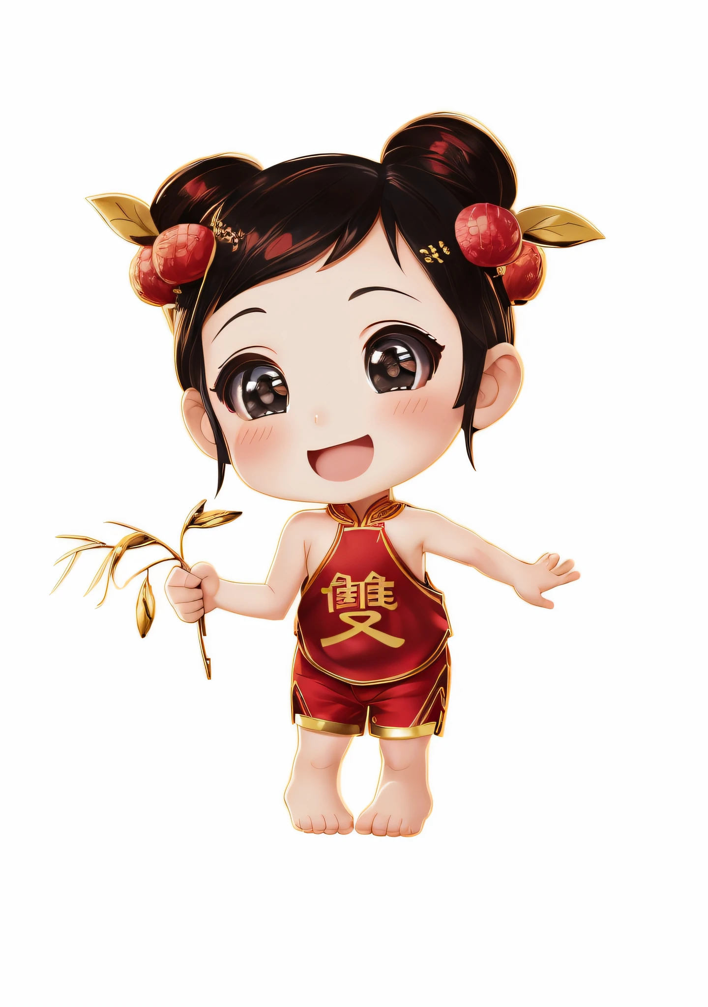 (Masterpiece: 1.3), (Best Quality: 1.3), (Masterpiece: 1.3), (Best Quality: 1.3), (8k wallpaper), (Ultra High Resolution), Full Body, (Bicephal: 2), (Natural Skin Texture), (Beautiful and Beautiful), (Very Detailed CG, Intricate Details), White Background, (White Background: 1.5), 1 Girl, Cute, Happy Face, Black Hair, Solo, Chibi, Hair Accessories, .Chibi, (Lychee: 0.5), (Double Lychee: 0.2), ( Chinese style: 1.5), Hanfu, (red bib), (red shorts), sleeveless, gold stroke, horse face clothing, barefoot, no shoes, white background, no background