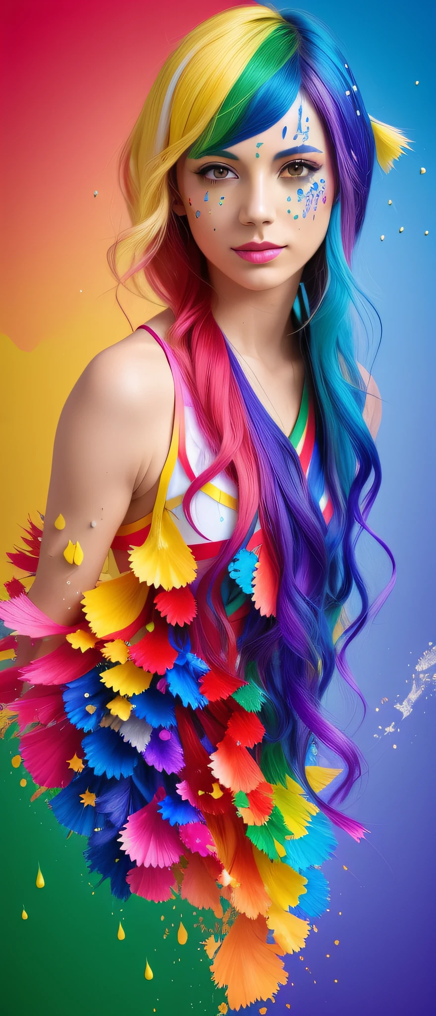 an adult woman with 45 years skin color brunette hair colored with the color green and yellow and a colorful dress green yellow blue and white, dripping with color, fully covered in colored paint, colorful photo, explosion of colors, full of colors, colorful colors, colorful, beautiful and colorful, colorful, splashes of colors, colorful, colored ink, Color photography, splashes of color, splashes of rainbow paint, philosophical splashes of colors with the flag of Brazil