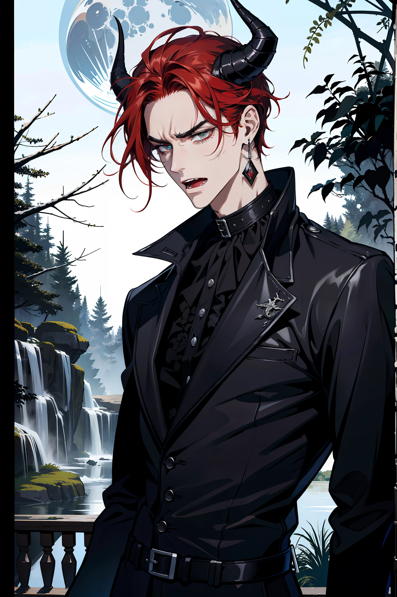 (absurdres, highres, ultra detailed), 1 male, adult, handsome, tall guy, broad shoulders, finely detailed eyes and detailed face, black leather clothes, night, smile, dutch angle, little long red hair, moon, forest, black horns in his head, silver details, earrings, black chocker, gothic, dark, heterochromia, ((((open mouth)))), (((angry)))