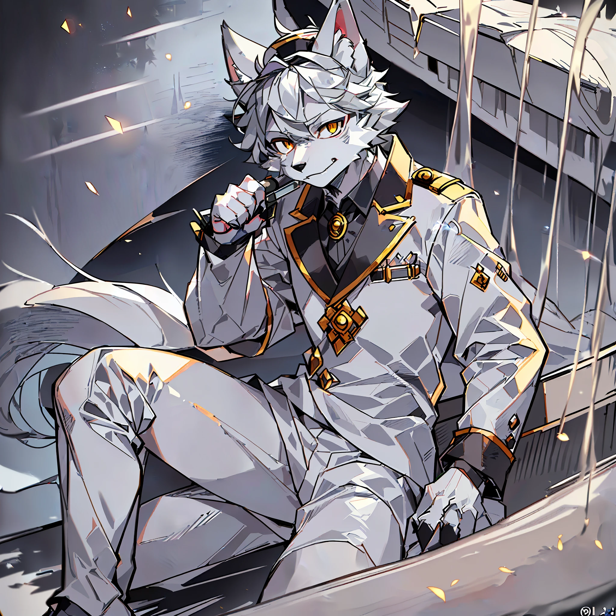 (Best Picture Quality), (Masterpiece), ((Solo Person) (Ultra Detailed), (Furry), (Male Arctic Fox: 1.5), (Grey Fur: 1.3), (Fluffy Tail: 1.2), (Golden Eyes), (Sharp Claws), (Grey Ears), (Serious Look), Sharp Focus, (Furry Animal Ears), Sitting on a boat, wearing a white suit and white top hat