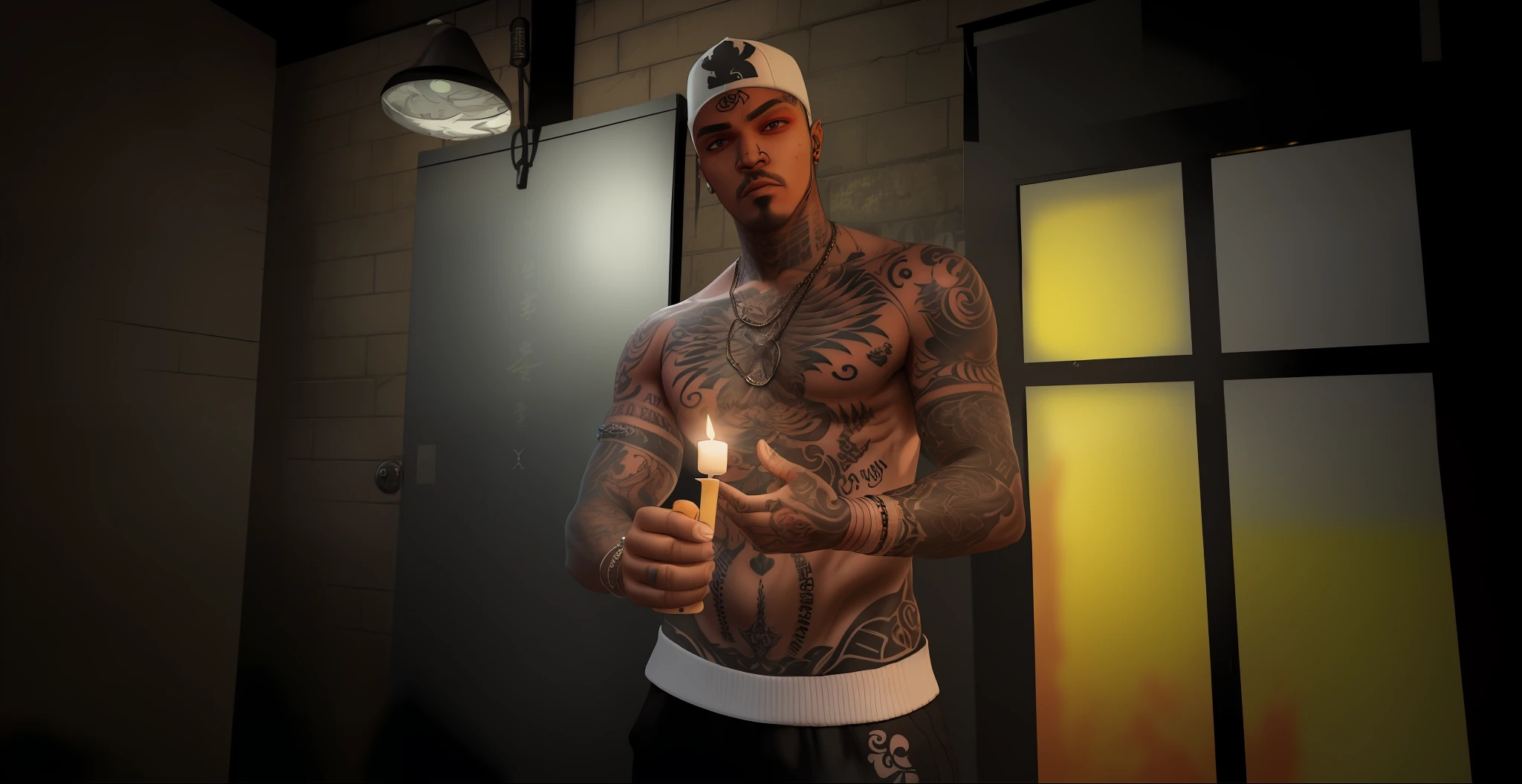 there is a man with tattoos holding a lit candle in his hand, imvu, second life avatar, british gang member, daz, inspired by Gang Se-hwang, daz. detailed, london gang member, tattooed man, no hood | | realistic shaded, thug life, as a character from gtav, inspired by Gang Hui-an, inspired by Byron Galvez